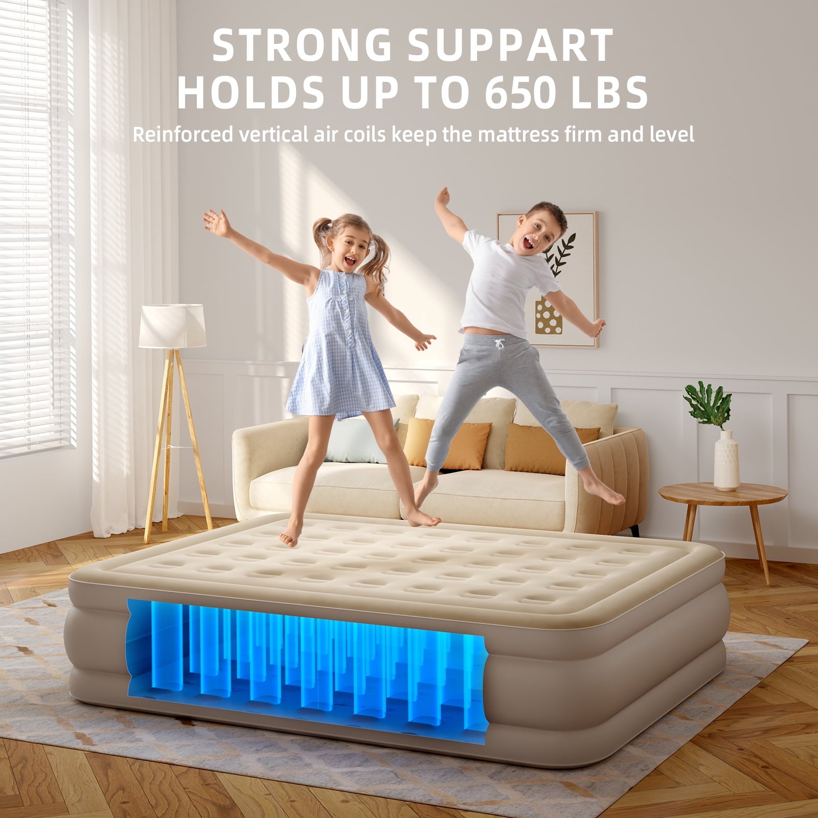 Fenbeli Queen Air Mattress with Built-in Pump, 18" Inflatable Air Bed with Rechargeable Pump & Camping Lamp, Portable Airbed for Home Camping Guests