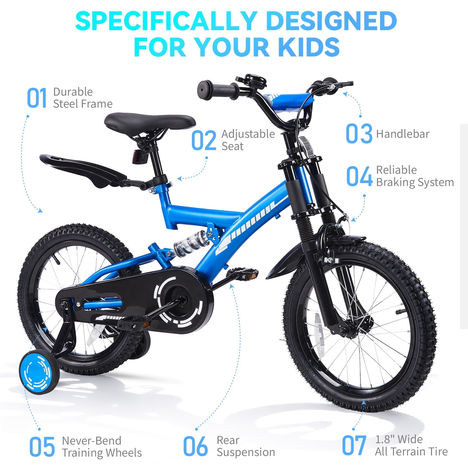 Fenbeli 18 Inch Kids Bike with Training Wheels for Boys Ages 6-9, Blue