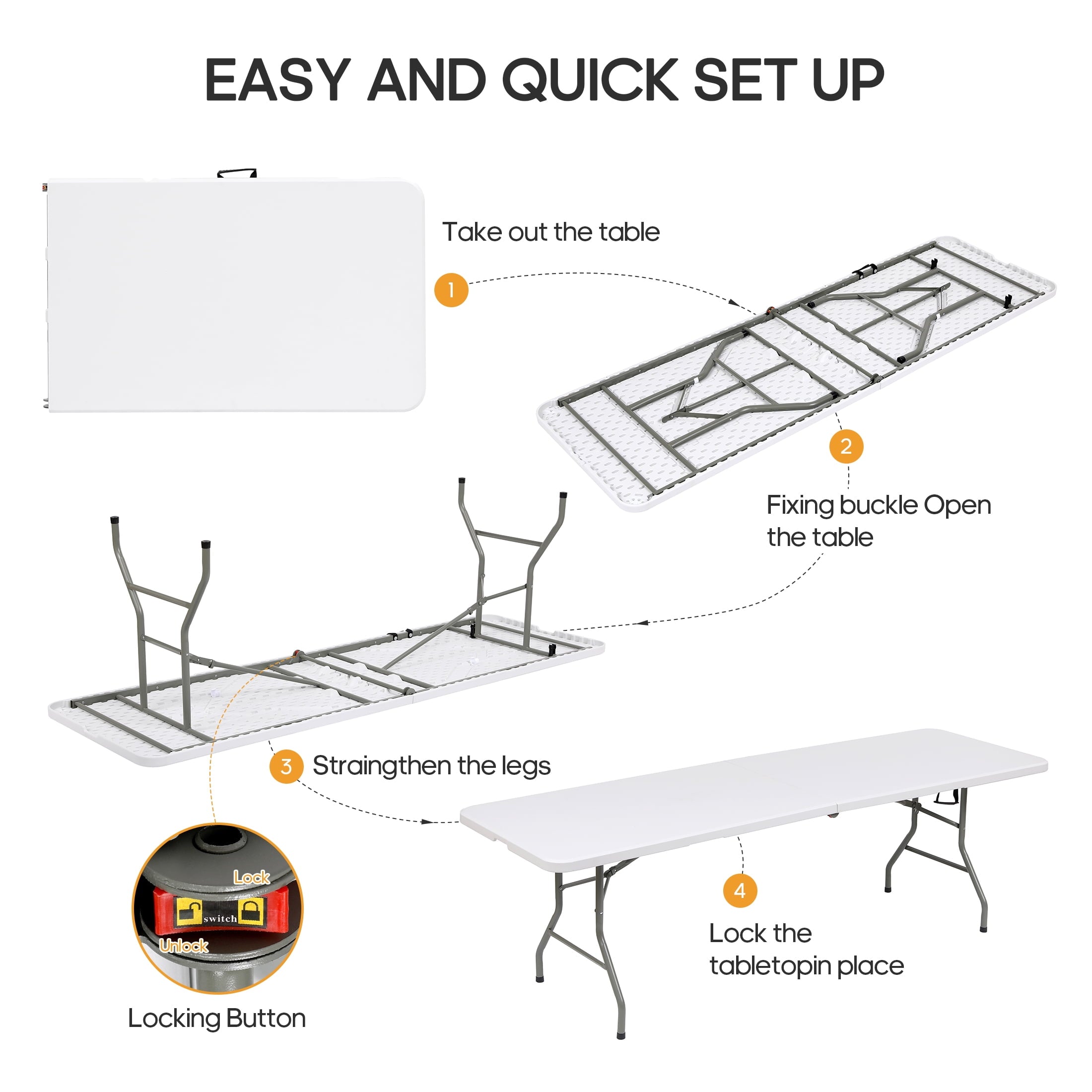 Furnibear 8 Foot Folding Table for Indoor and Outdoor Events, Portable Foldable Table with Sturdy Steel Legs, White