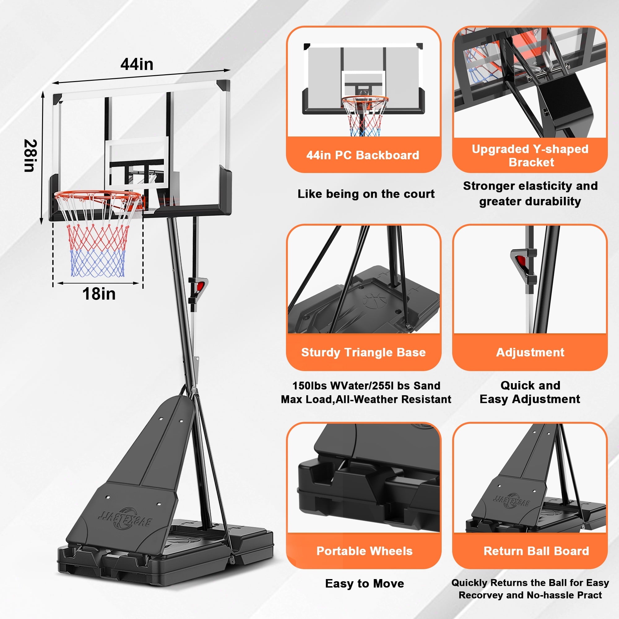 Fenbeli Basketball Hoop Outdoor, 4.8-10FT Height Adjustable Portable Basketball Hoops with 44 Inch Shatterproof Backboard, Basketball Goal System for Kids Youth and Adults in Backyard/Driveway/Indoor