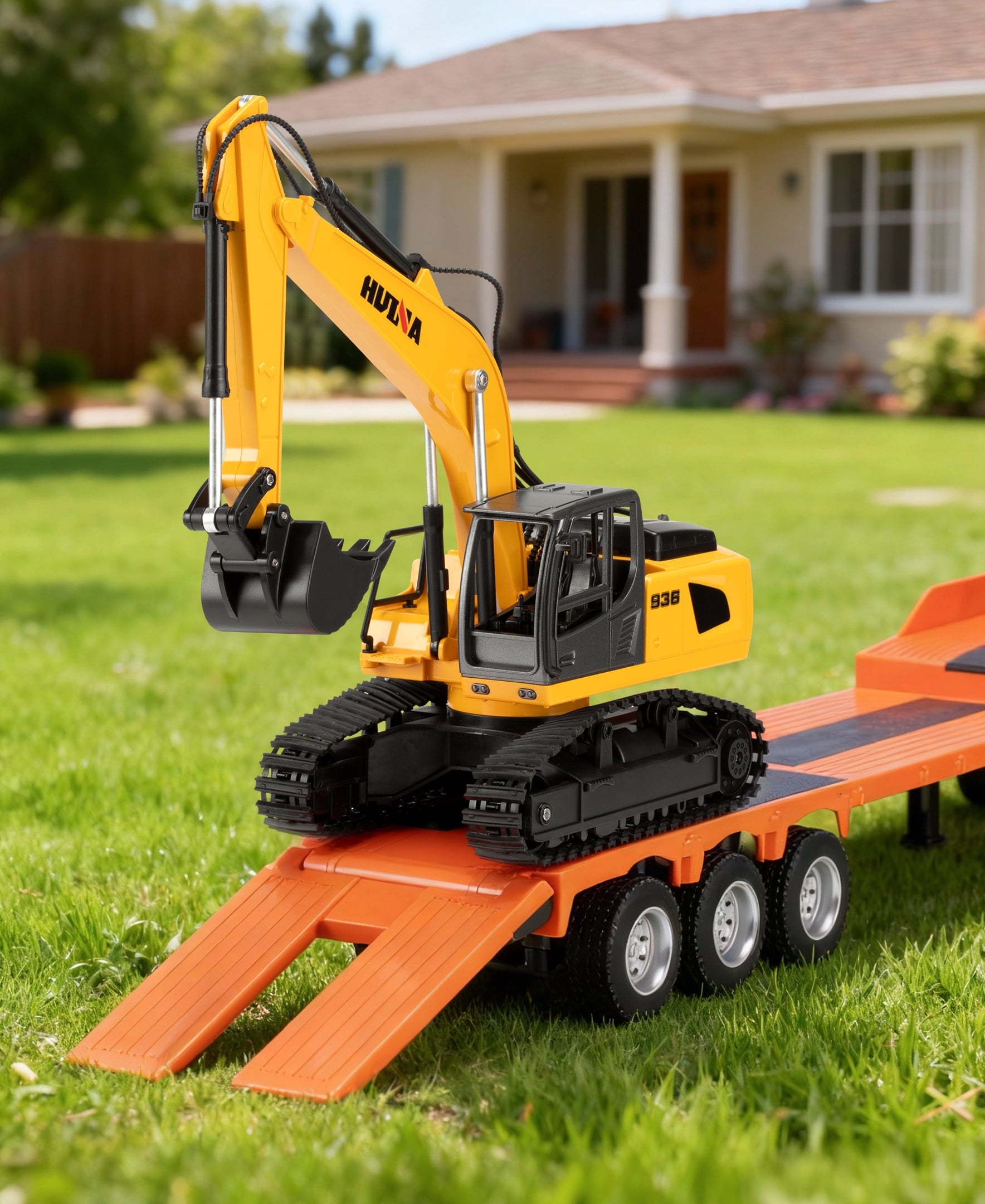 Fenbeli 1:18 RC Flatbed Truck and Excavator Toy Set, 2.4GHz 9-Channel Remote Control Construction Vehicles with Lights Sounds, 32.9 Semi-Trailer with 680¡ã Rotating Digger, Gift for Boys 8-12, Orange