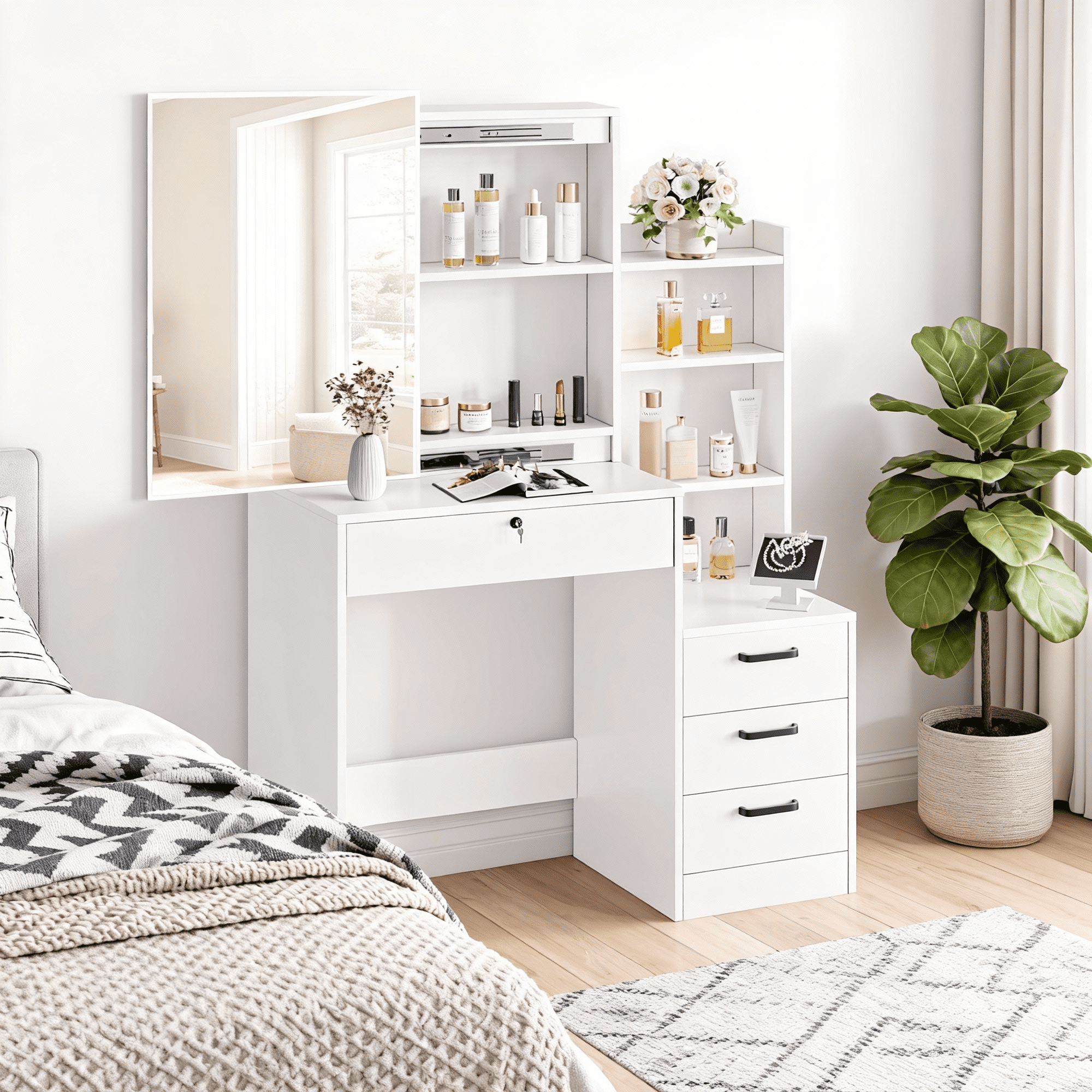 Fenbeli White Lighted Makeup Vanity Table with Sliding Sliding Mirror, Modern Dressing Table Desk with Storage for Bedroom
