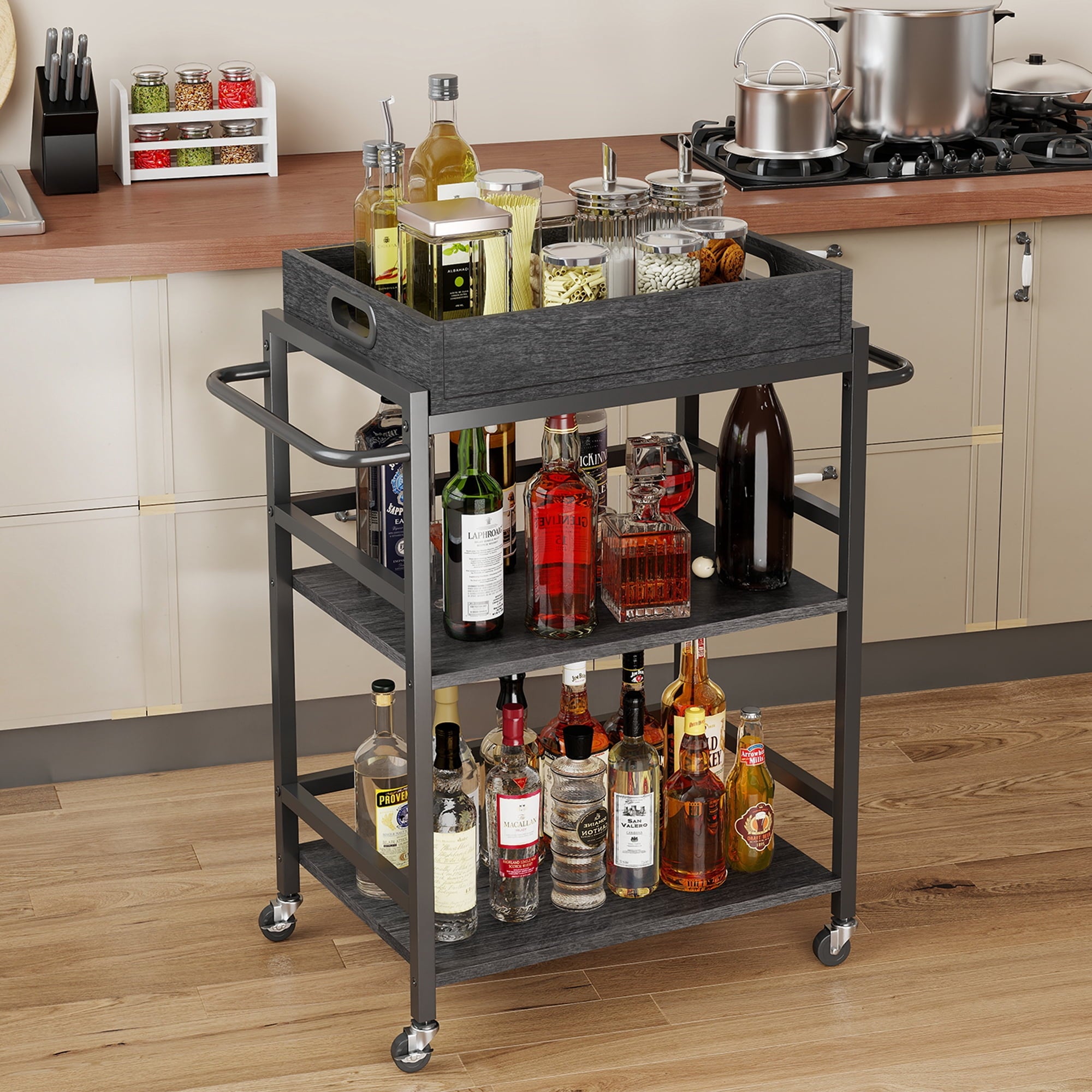 Fenbeli 3-Tier Rolling Kitchen Cart with Removable Wooden Storage Box and Wheels, Gray, 21.9L x 15.8W x 36.2H