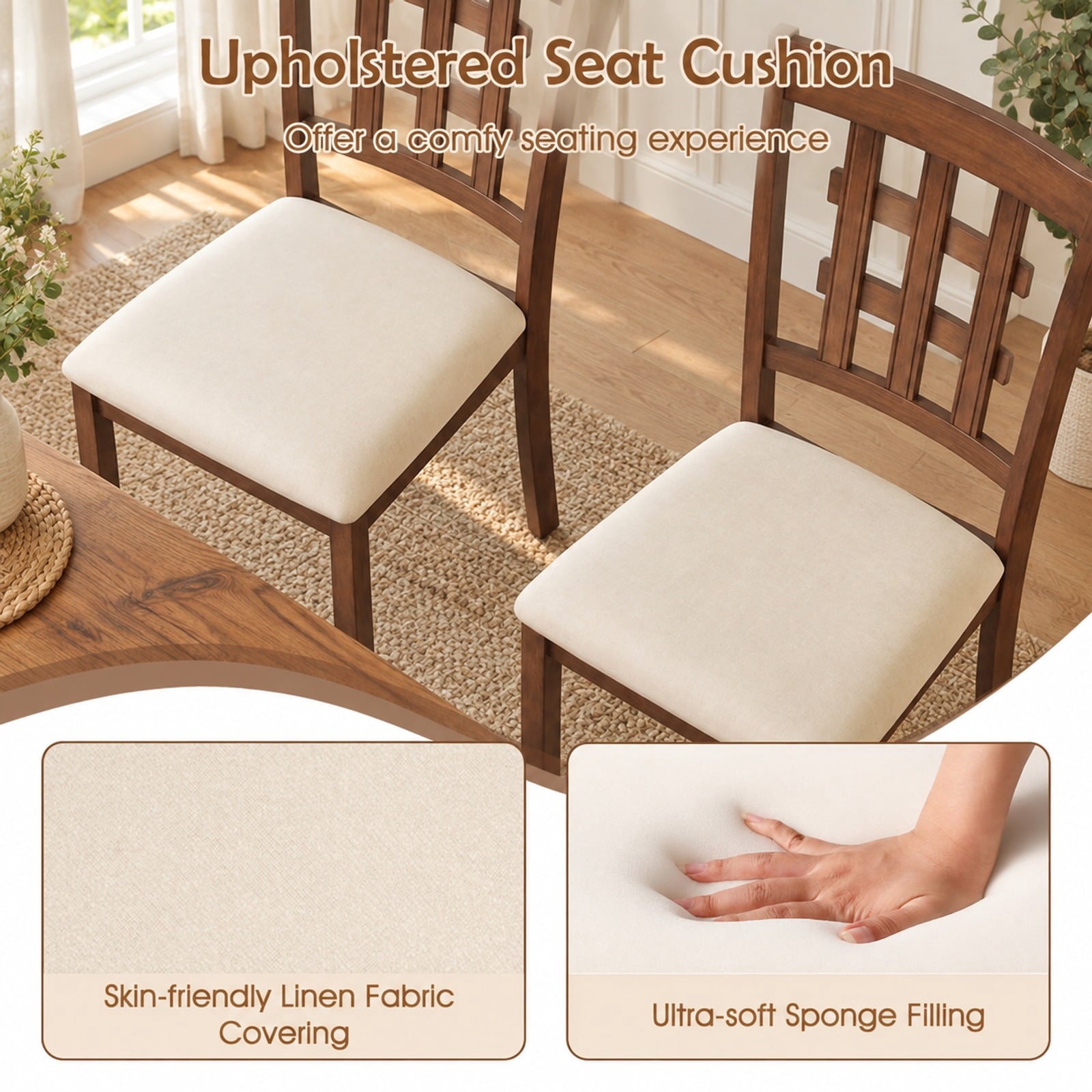 Fenbeli Set of 2 Wood Kitchen Chairs with Faux Leather Upholstered Seat, 265 lbs Capacity, Rubber Wood MDF Polyester Sponge Frame, Coffee