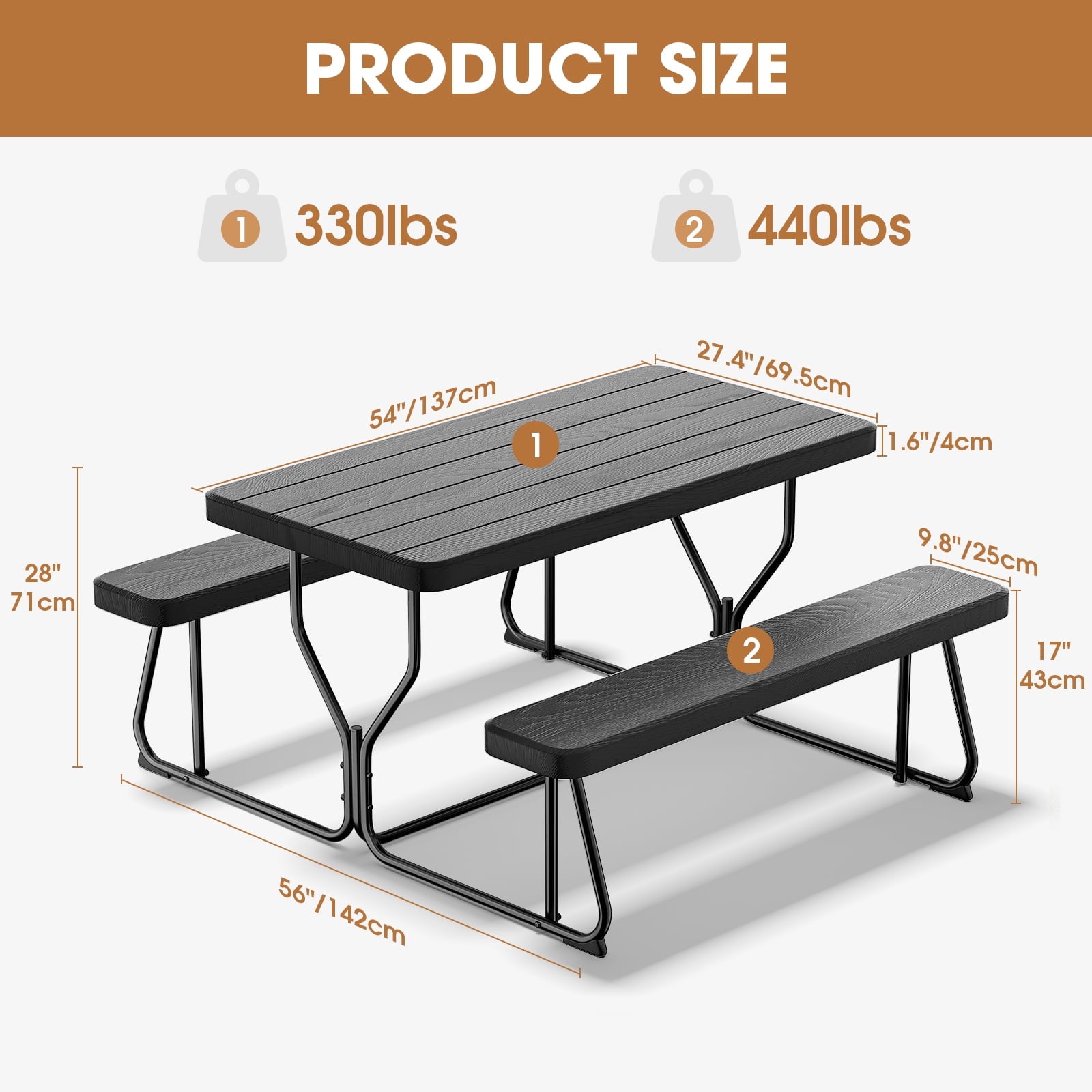 Fenbeli Outdoor Picnic Table Set Easy Assembly, 4 Adults Seating for BBQs, Camping, Patio, and More, Black