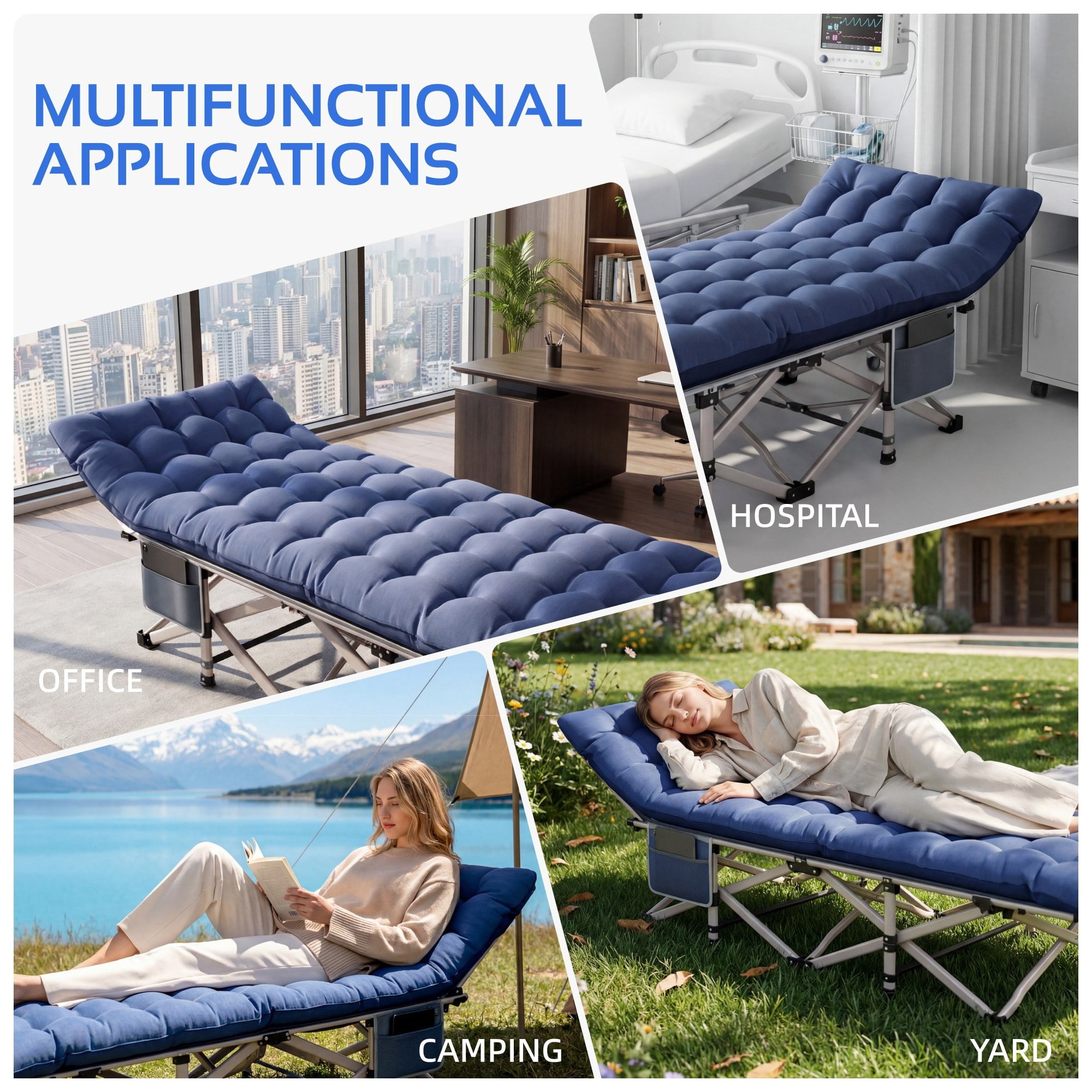 Fenbeli 2 Pack Camping Cot with Mattress Heavy Duty Folding Cot Bed for Adults, Blue