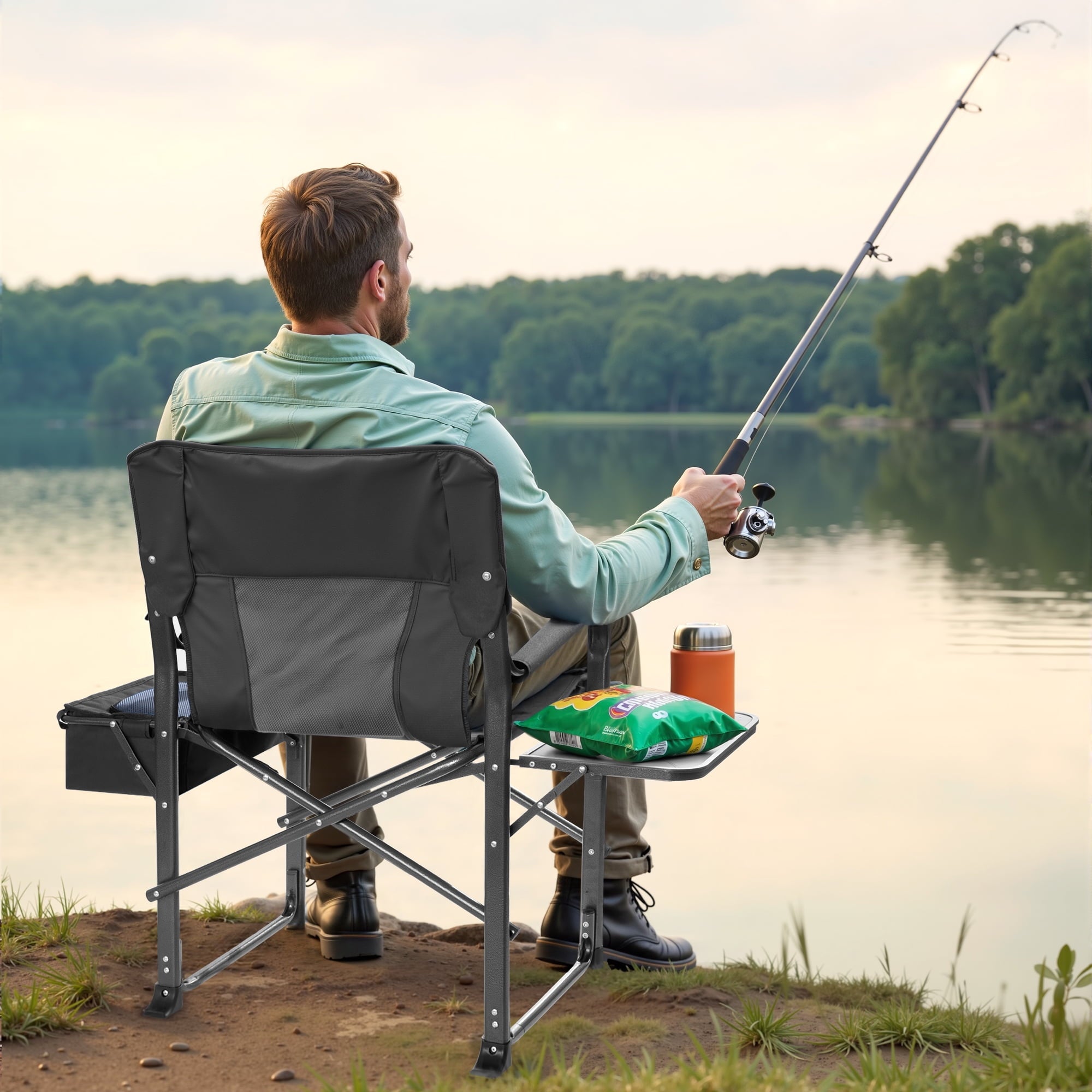 Fenbeli 300lbs Folding Camping Chairs with Cooler Bag and Table Lawn Chairs for Outside Sports Fishing Black