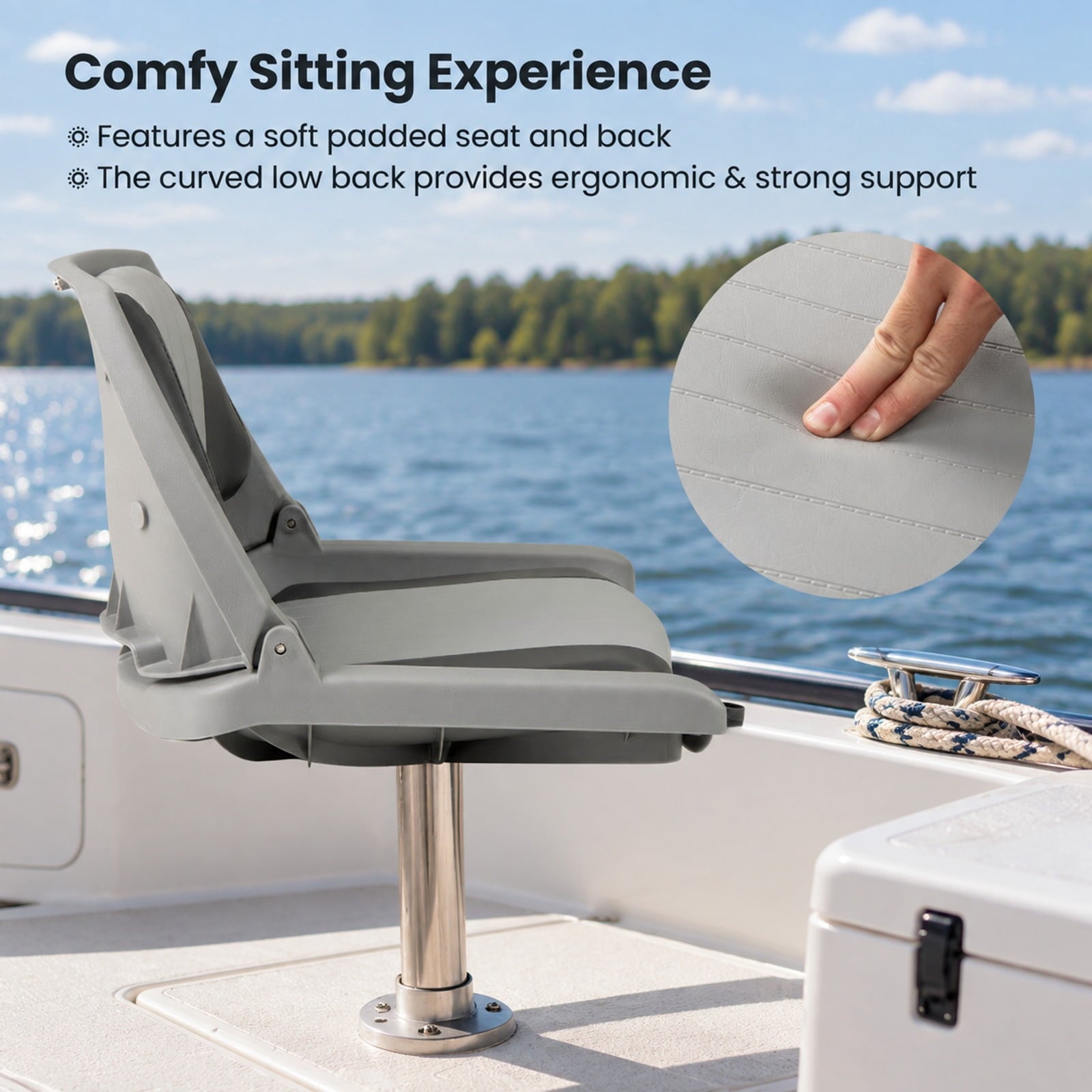 Fenbeli Boat Seat Folding Low Back Boat Chair with Marine-Grade PVC, 330 lbs Capacity, PP PVC Sponge Frame, 20 x 19.5 x 15.5 Footprint, Gray
