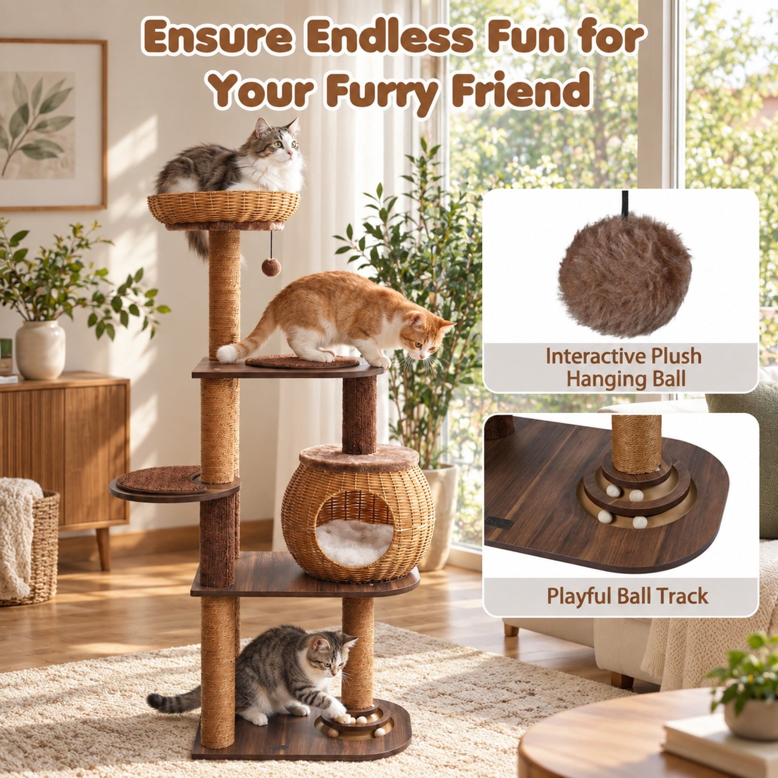 Fenbeli 59.5 Inch Cat Tree Multi-Level Cat Tower with PE Rattan Cat Condo and Top Perch, Platform 44 lbs Capacity, 23 x 16 x 59.5 Footprint