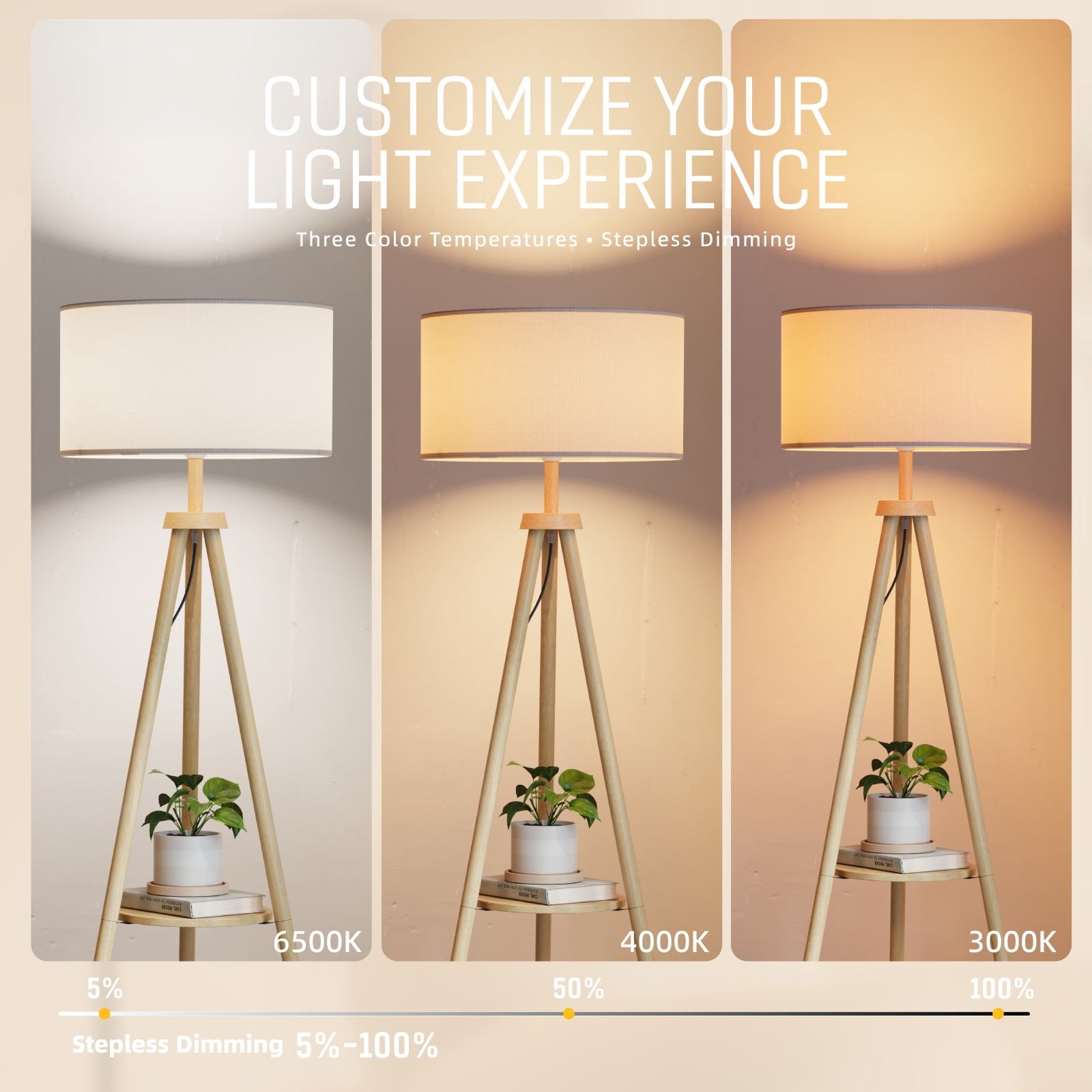 Fenbeli Tripod Floor Lamp with Shelf, 59 Wood Standing Lamp with Remote and APP, Dimmable 3 Color Temperature RGB LED Bulb Included, Linen Shade for Living Room Bedroom, Natural