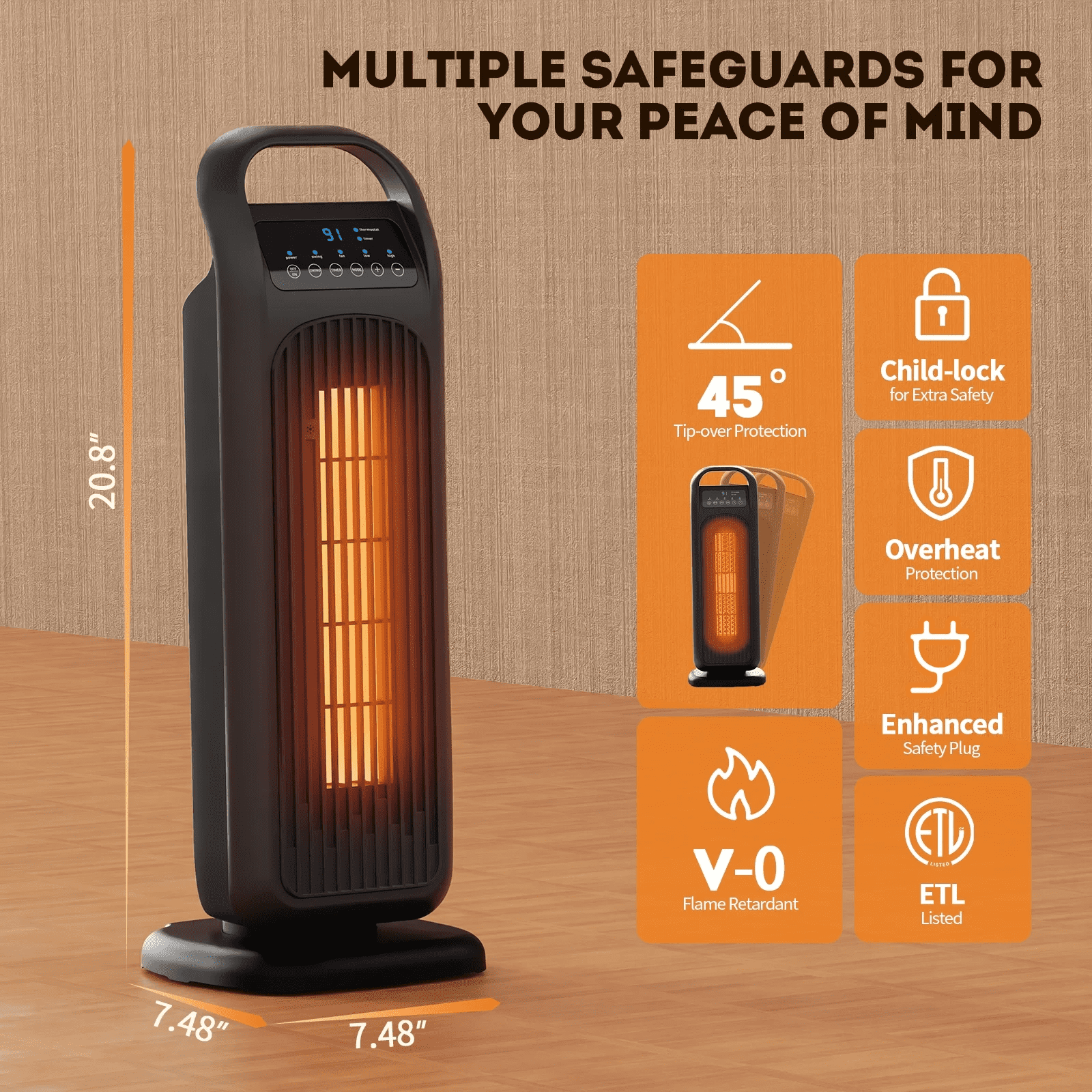 Fenbeli Space Heaters for Inside, Portable Electric Heater with Remote, 60 Oscillation, 1500W PTC Ceramic Fast Safety Heater with Thermostat, ECO Mode