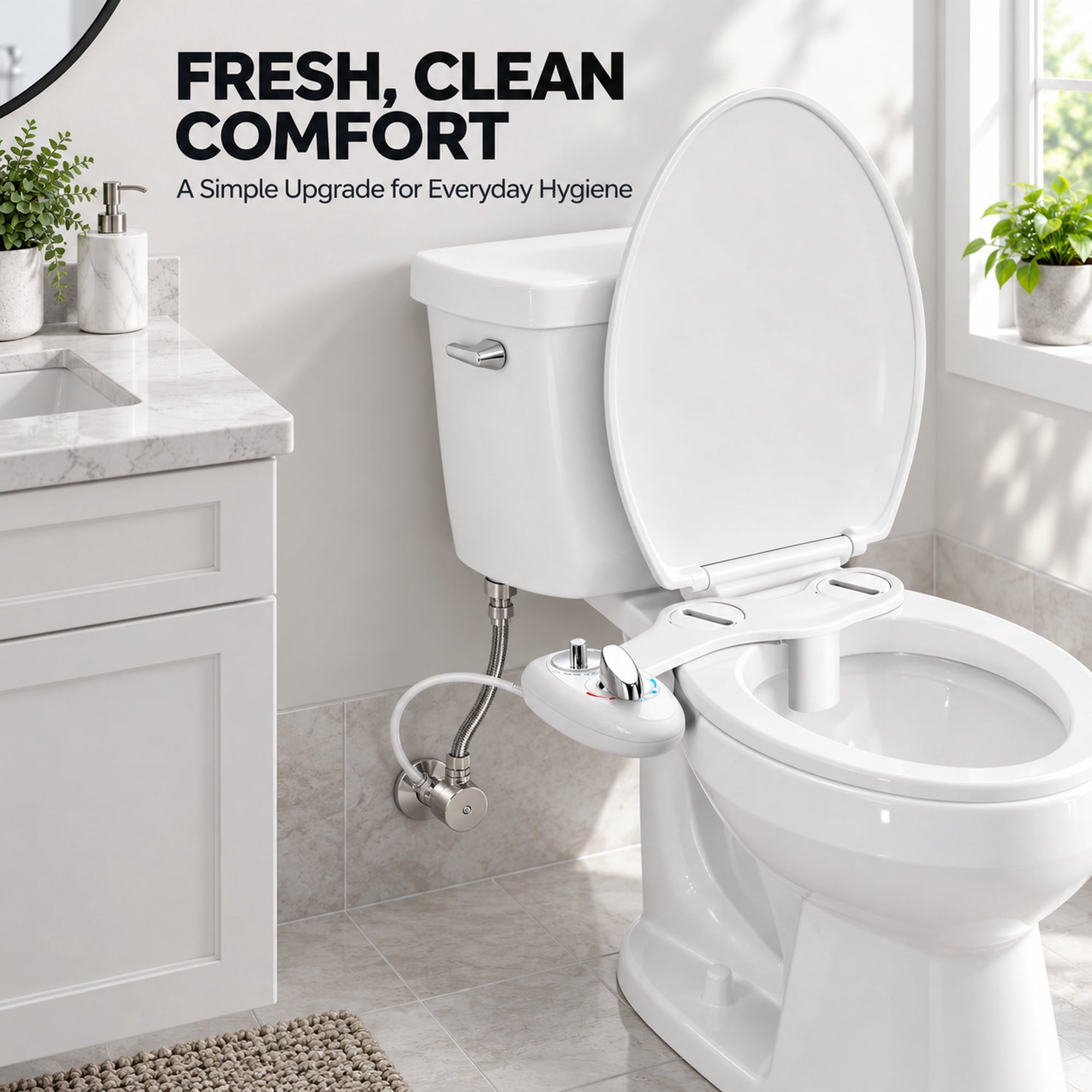 Fenbeli Bidet Attachment for Toilet, Non-Electric Dual Nozzle Bidet with Feminine and Rear Wash, Hot and Cold Water Toilet Seat Attachment with Self-Cleaning Nozzle, White