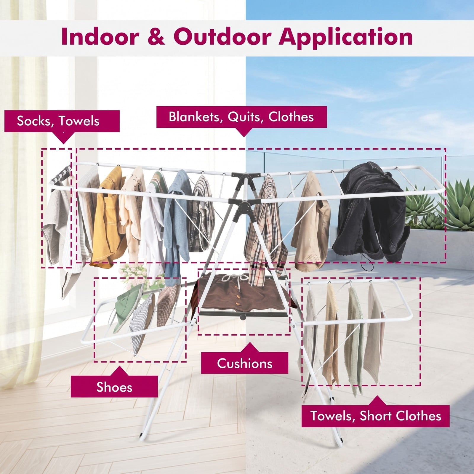 Fenbeli 2-Tier Foldable Clothes Drying Rack, Collapsible Steel Laundry Drying Rack with Adjustable Gullwing Wings for Indoor Outdoor Balcony, Space-Saving, White Black