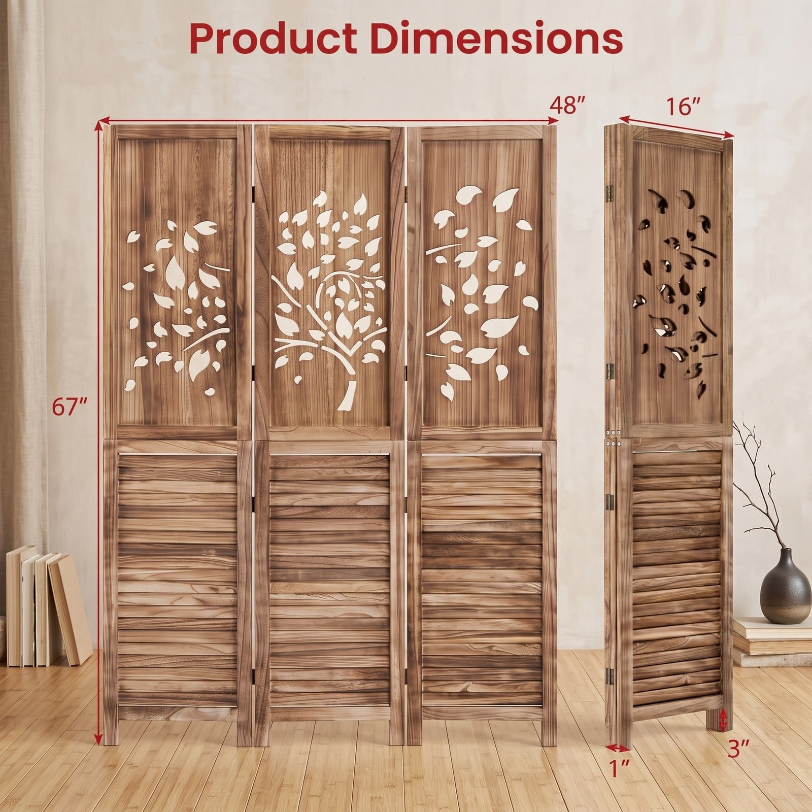Fenbeli 67 Inch Folding Room Divider 3 Panel Freestanding Privacy Screen with Tree Cutout and Louver Design, Paulownia Wood Partition for, White and Rustic Brown