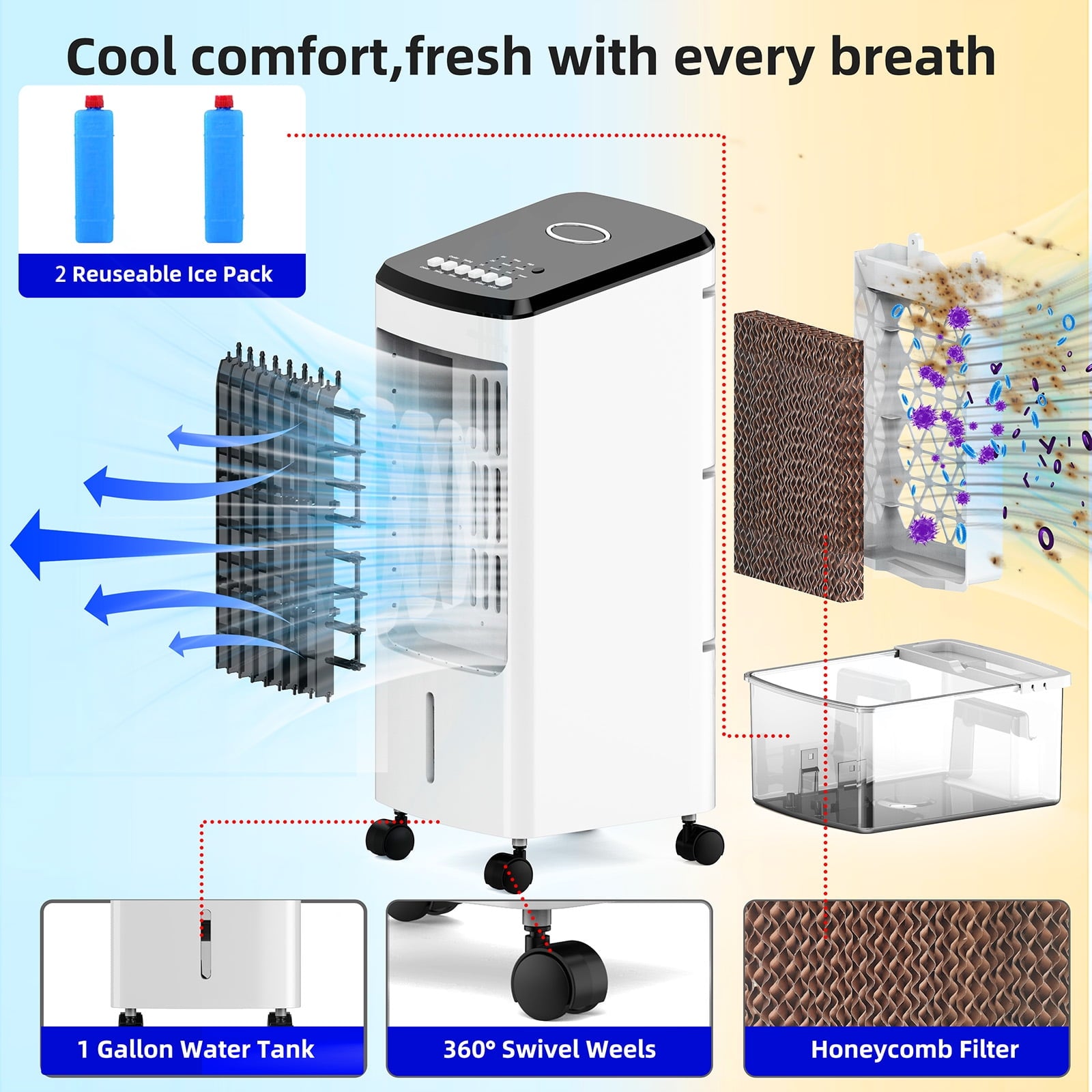 3-in-1 Evaporative Air Cooler Portable Cooling Fan with Wheels for Home Office