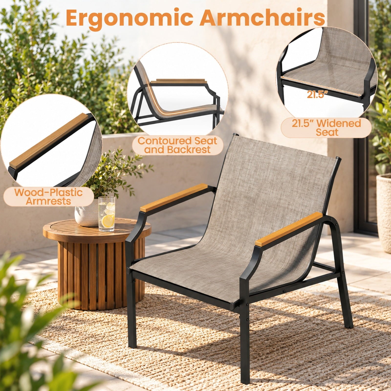 Fenbeli 3 Piece Outdoor Chair Set with Breathable Fabric Seat and Armrests, Chair 330 lbs Capacity, Metal Fabric Tempered Glass PS Frame, Brown