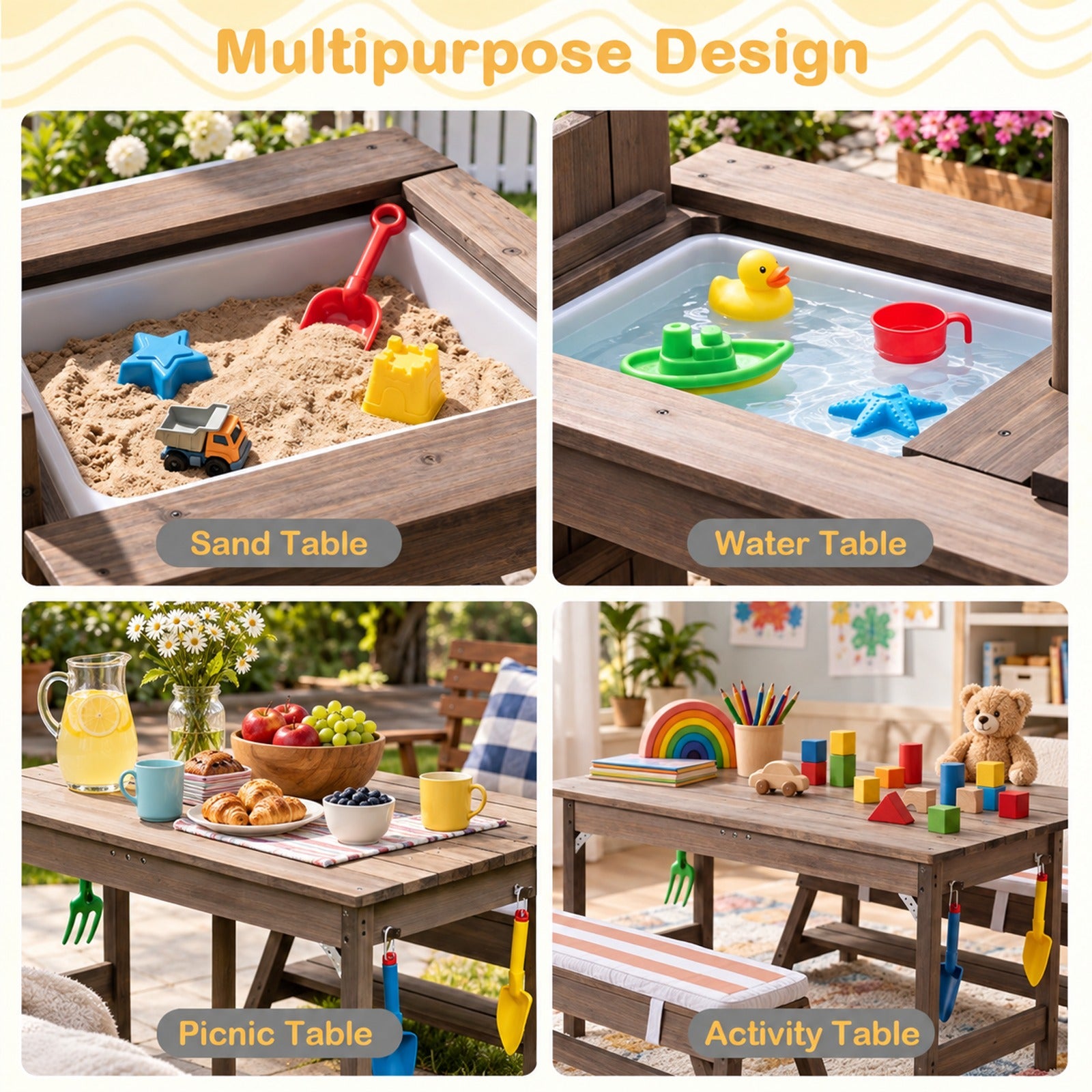 Fenbeli Outdoor Kids Wooden Picnic Table and Benches Set with Umbrella, 110 lbs Capacity, Fir Wood Nylon Fabric Sponge PP Frame, for 3+ Years Old