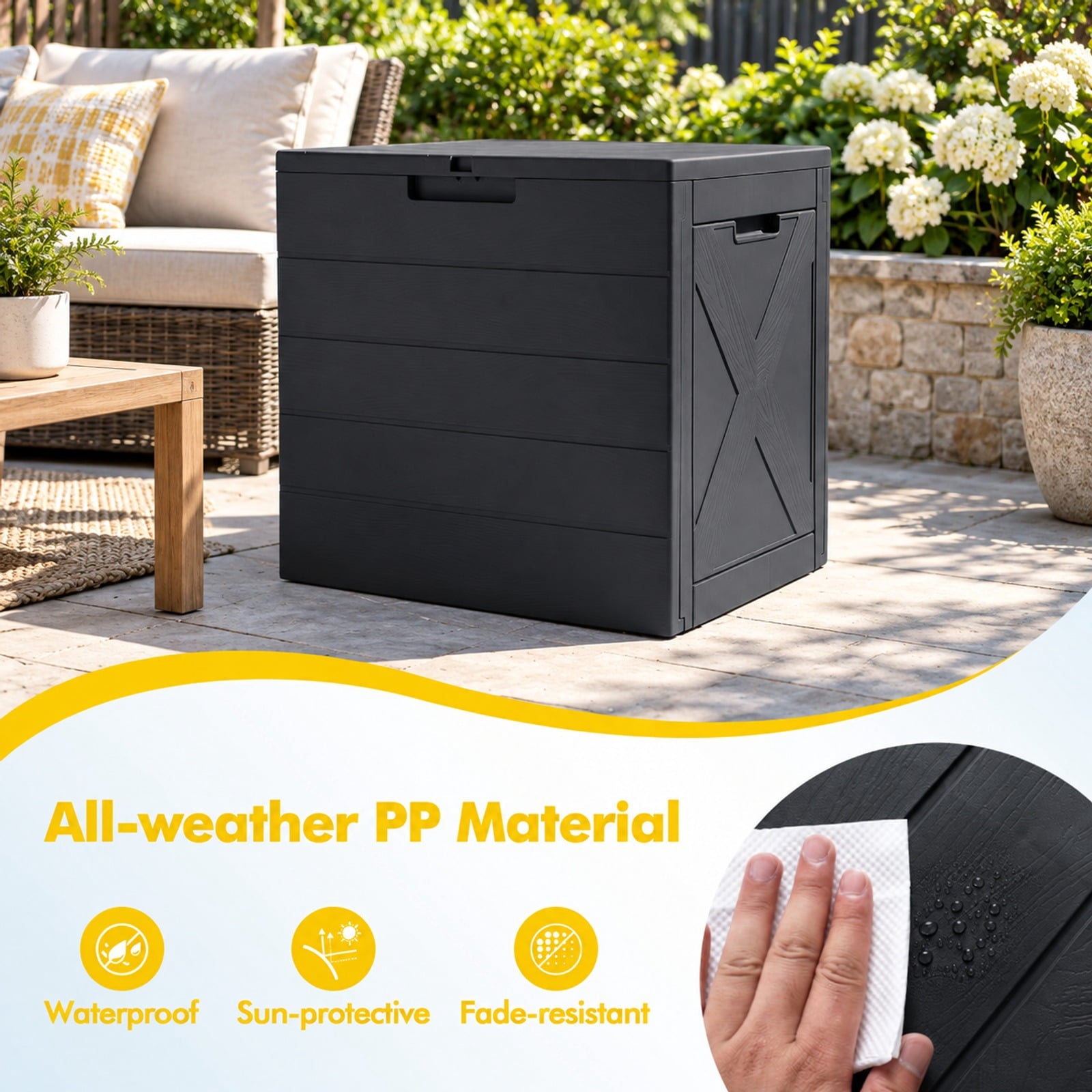 Fenbeli 25 Gallon Storage Bin with Lid Carry Handles and Lock Hole for Patio Furniture Accessories, 110 lbs Capacity, PP Frame, Black