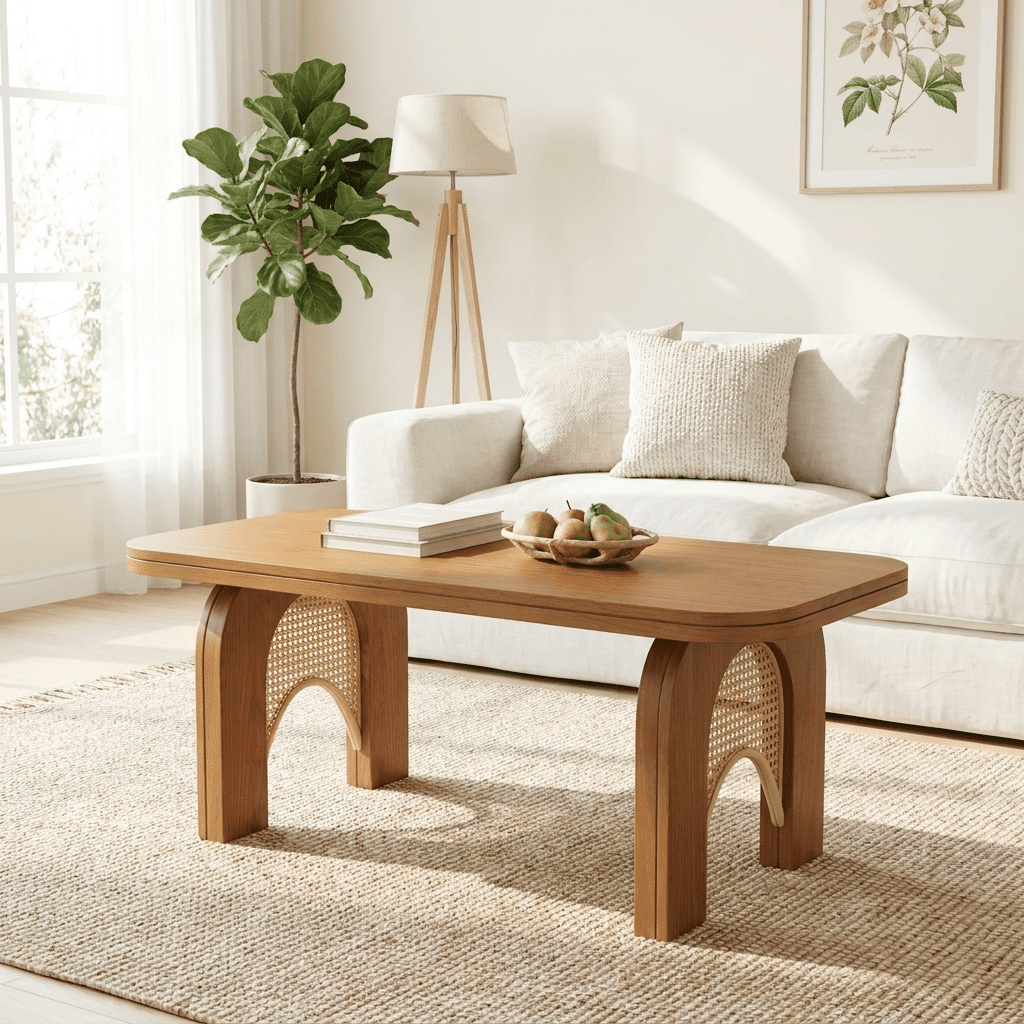 Furnibear Boho Coffee Table for Living Room with Woven Cane and Arched Wood Legs for Living Room,Brown