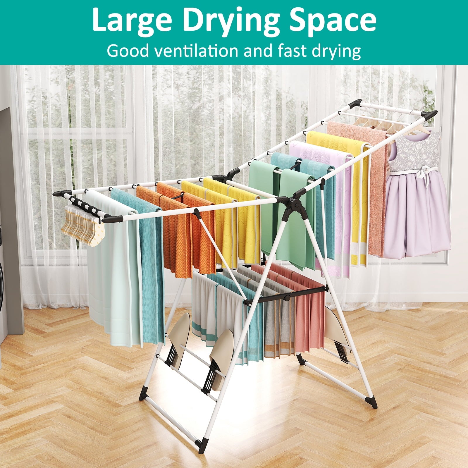 Fenbeli Foldable Clothes Drying Rack, 2-Tier 66 lbs Capacity, Rustproof Steel Laundry Rack for Indoor and Outdoor, White