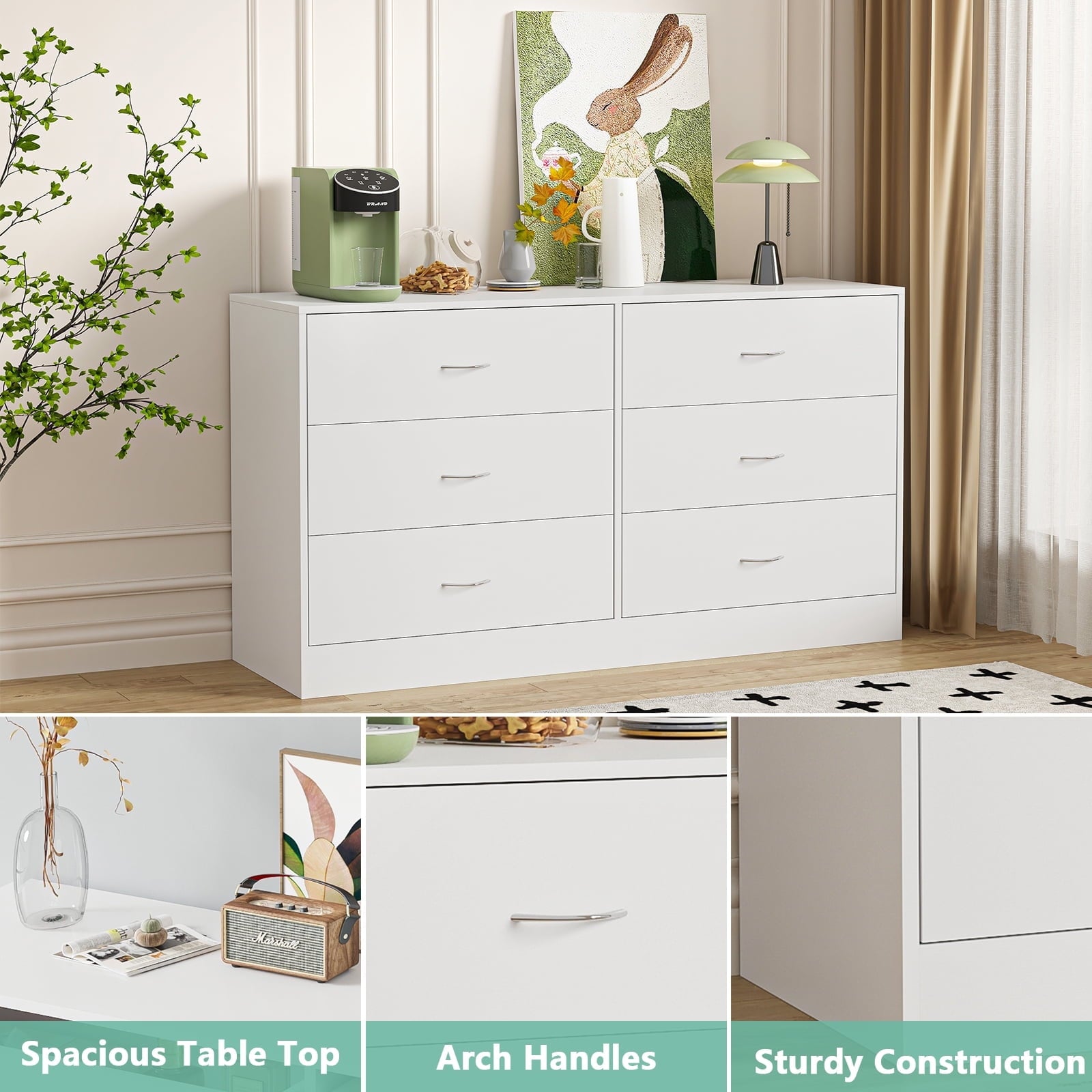 Fenbeli Modern 6 Drawer Dresser for Bedroom, White Drawer Dresser with Metal Handles, Storage Chest for Bedroom, Living Room, Office