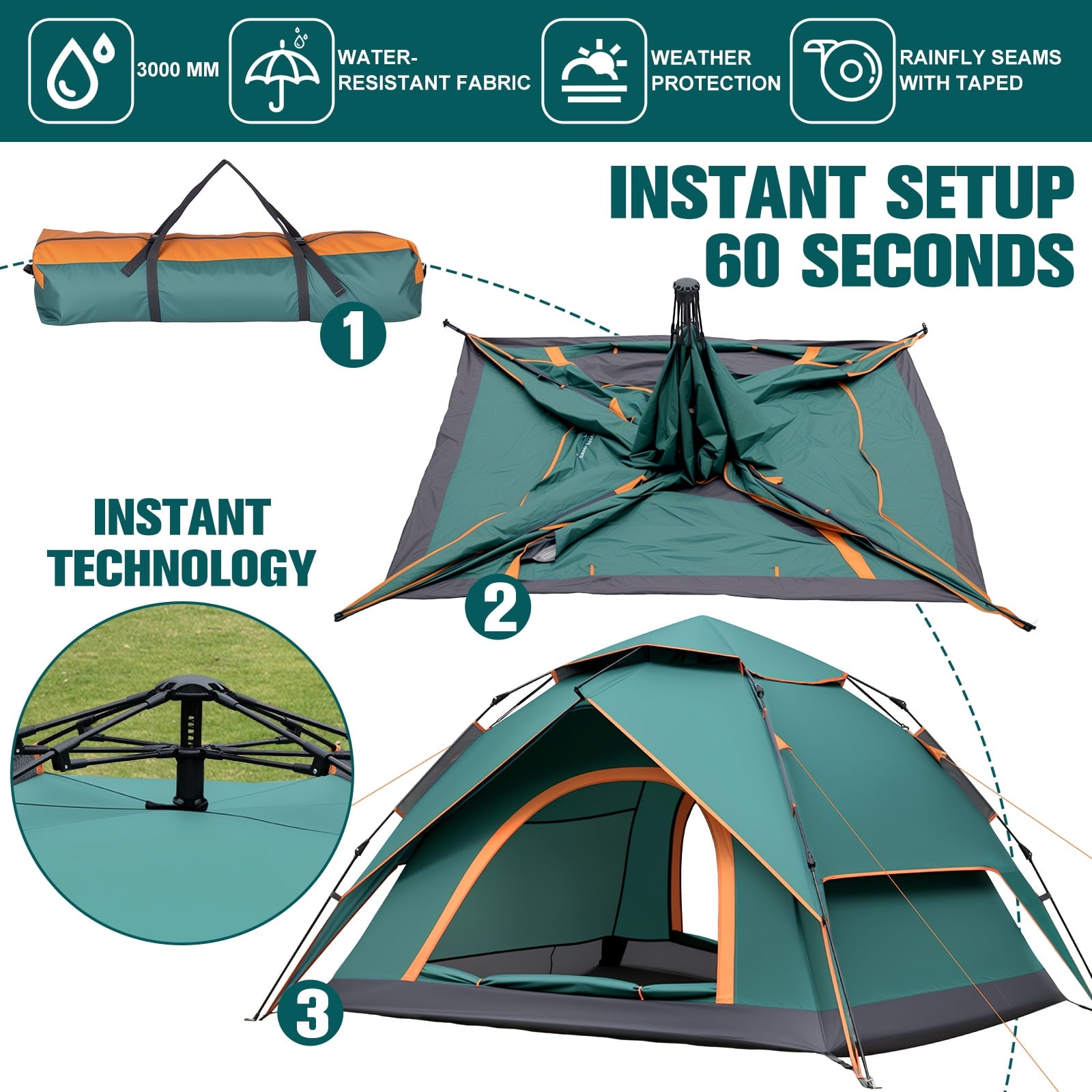 Fenbeli 4 Person 2-in-1 Instant Pop-Up Camping Tent with Detachable Rainfly, Waterproof Instant Setup Family Tent with Dual Mesh Doors, Green