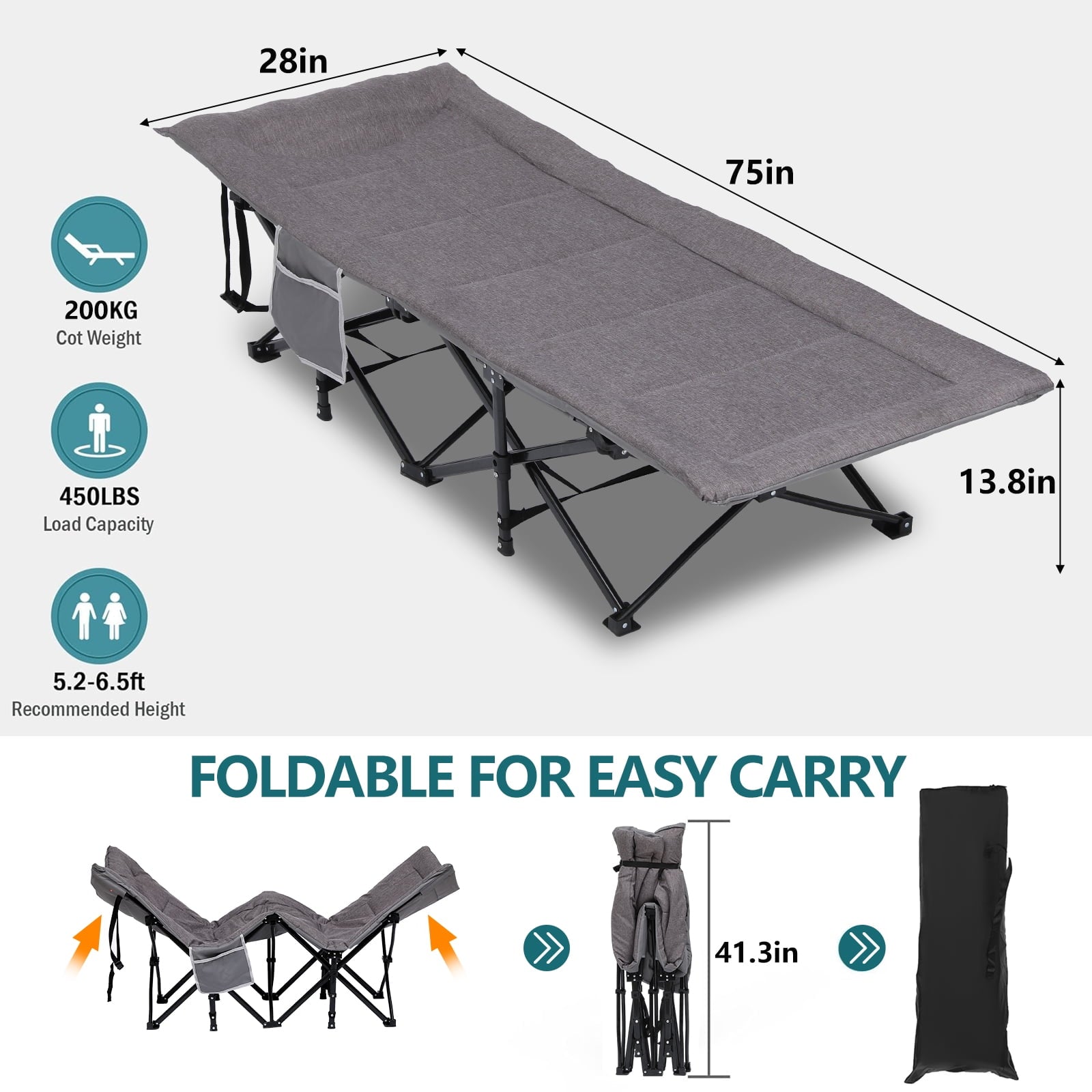 Folding Camping Cot W/Mat for Adults, Heavy Duty Outdoor Bed with Carry Bag, Travel Camp Cots