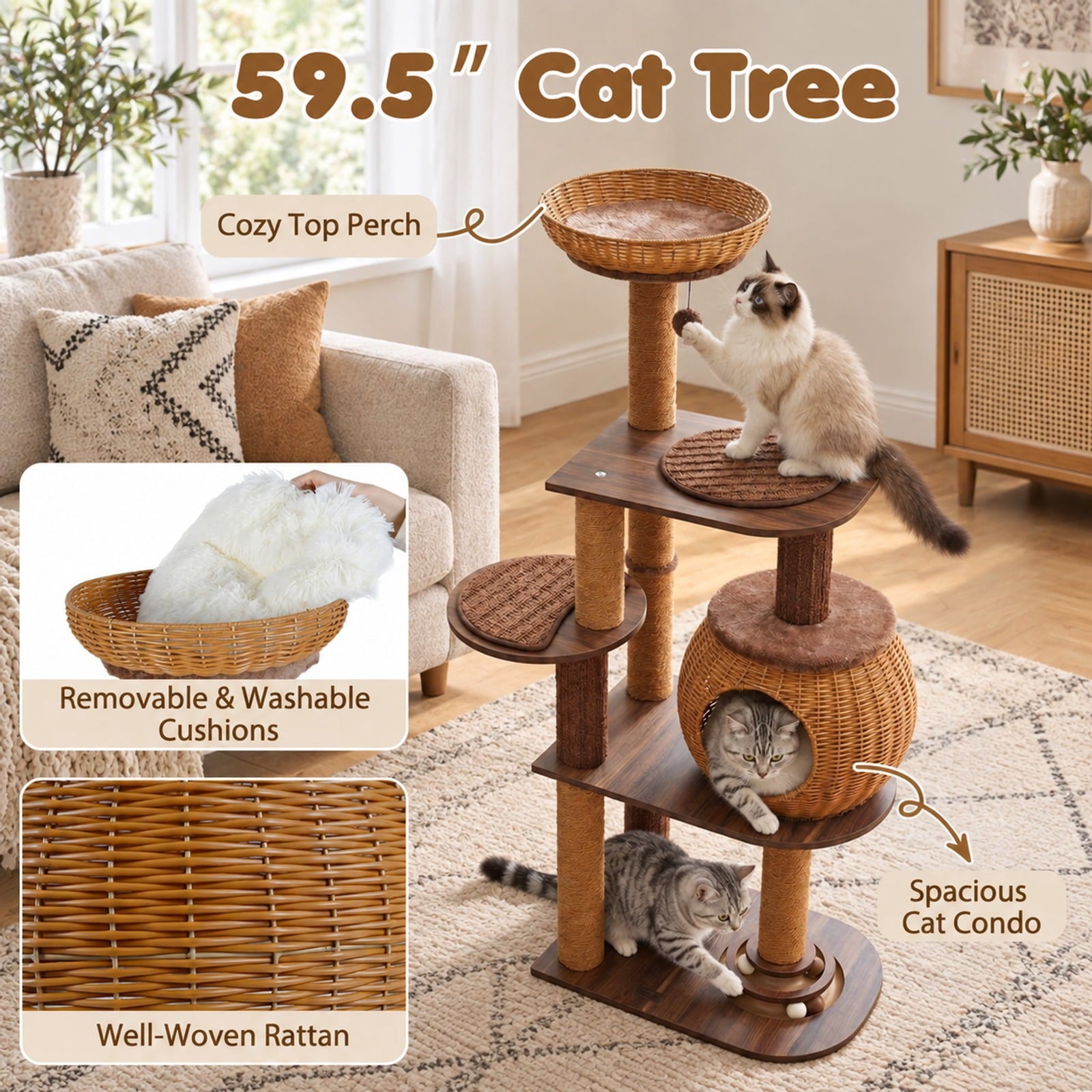 Fenbeli 59.5 Inch Cat Tree Multi-Level Cat Tower with PE Rattan Cat Condo and Top Perch, Platform 44 lbs Capacity, 23 x 16 x 59.5 Footprint