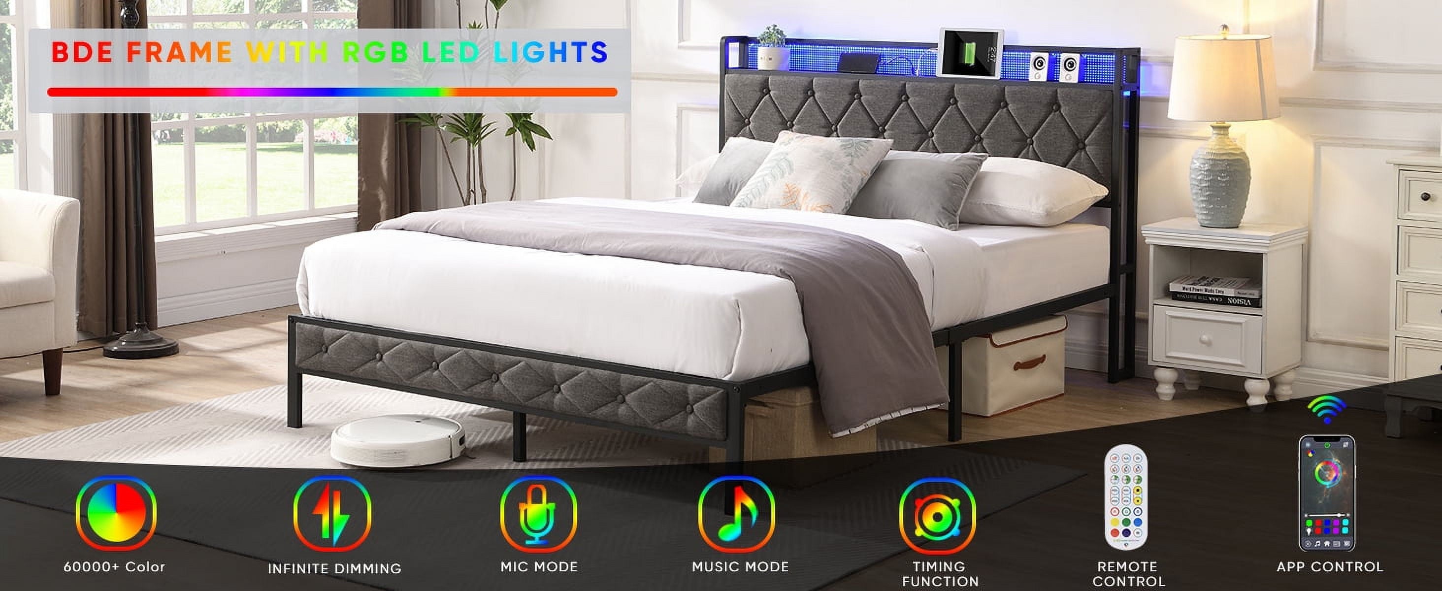 Furnibear Queen Bed Frame with RGB LED Lights, Charging Station And Storage Headboard | Reinforced Platform | Easy Assembly, Dark Gray