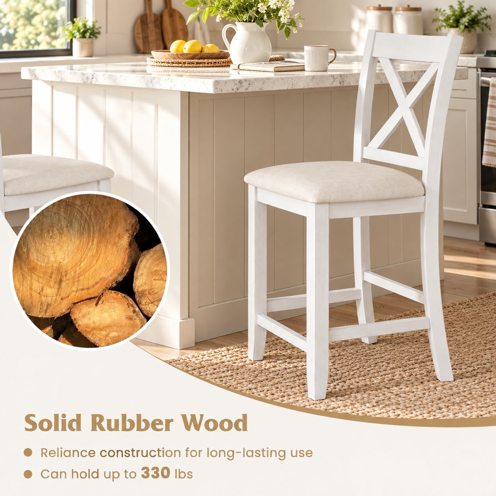 Fenbeli Modern Farmhouse Counter Height Stools with Footrest and Cushion, 330 lbs Capacity, Rubber MDF Linen Sponge Frame, White
