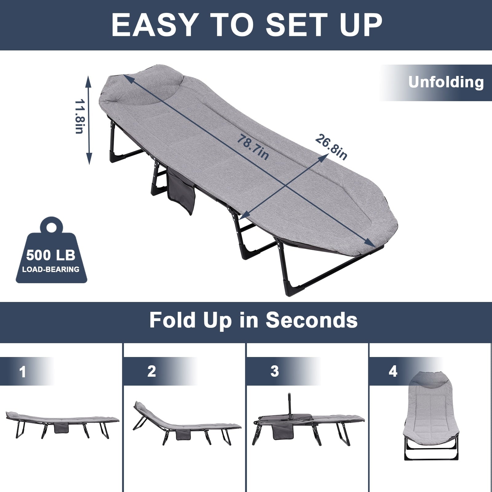 Fenbeli Folding Camping Cot, Adjustable Backrests Position Adults Reclining Chairs with Thick Mattress and Pillow 76.5in x24.4in for Camp/Travel/Beach/Patio/Office/Home Naps