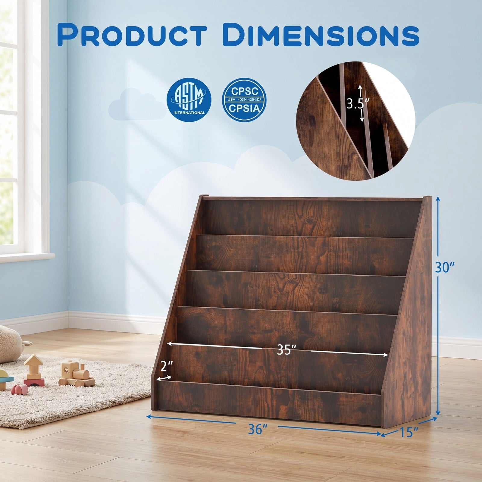 Fenbeli 5-Tier Kids Bookshelf with Deep Compartments and Stable Baby Book Case, Engineered Wood Frame, for 3+, 36 x 15 x 30 Footprint, Brown