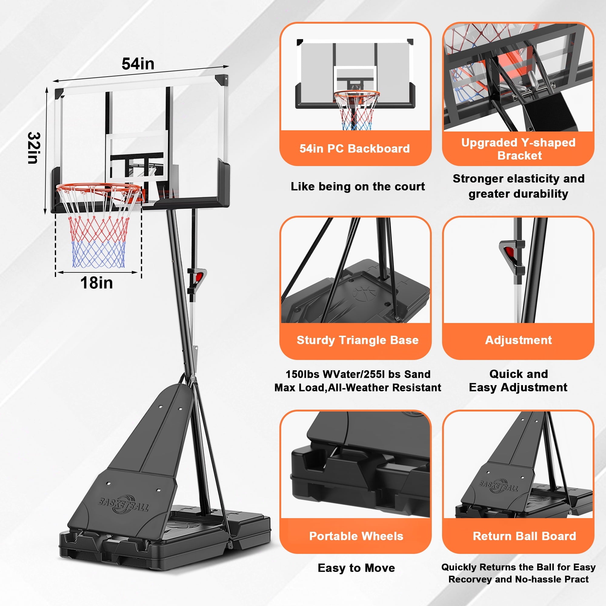Fenbeli Basketball Hoop Outdoor, 4.8-10FT Height Adjustable Portable Basketball Hoops with 54 Inch Shatterproof Backboard, Basketball Goal System for Kids Youth and Adults in Backyard/Driveway/Indoor