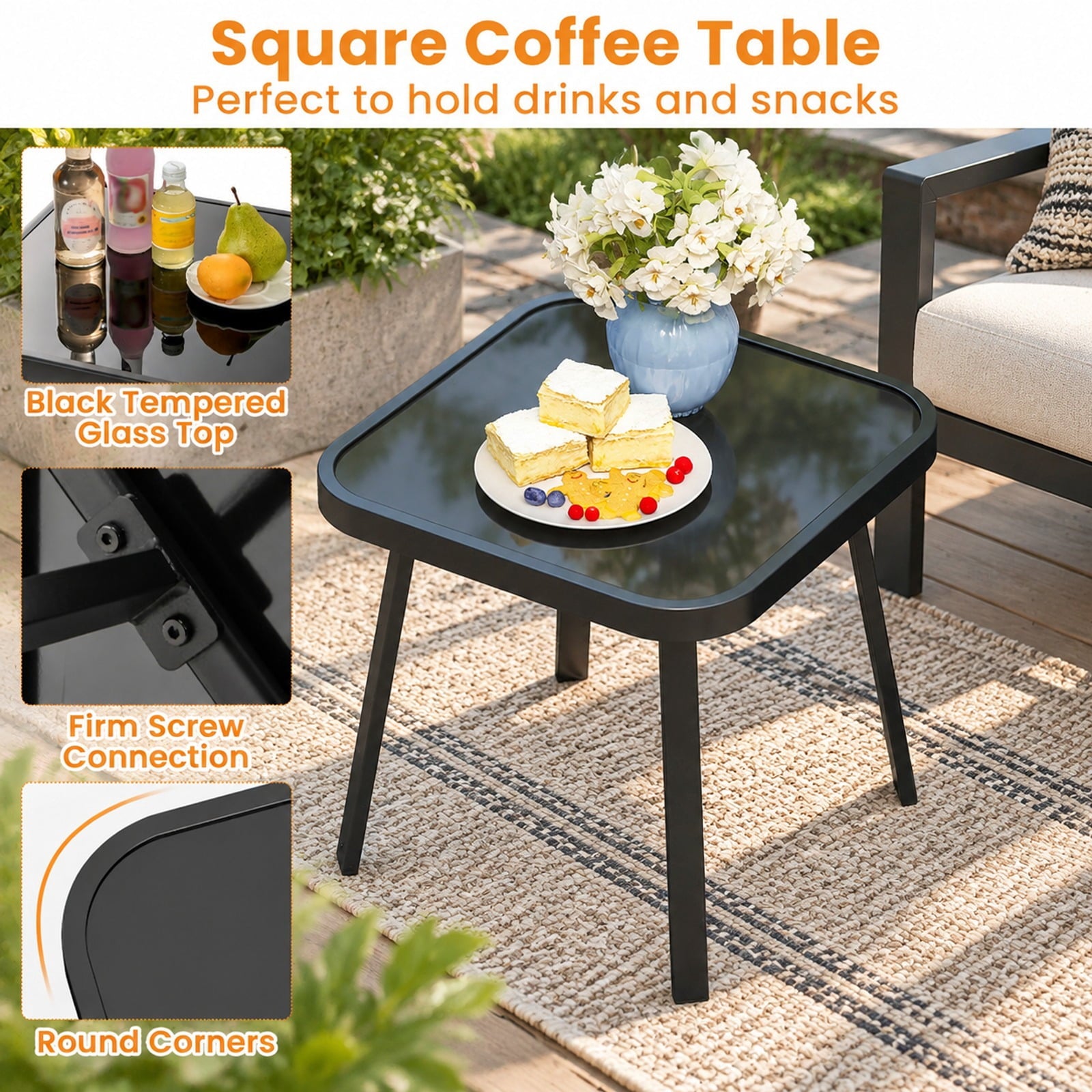 Fenbeli 3 Piece Outdoor Chair Set with Breathable Fabric Seat and Armrests, Chair 330 lbs Capacity, Metal Fabric Tempered Glass PS Frame, Brown