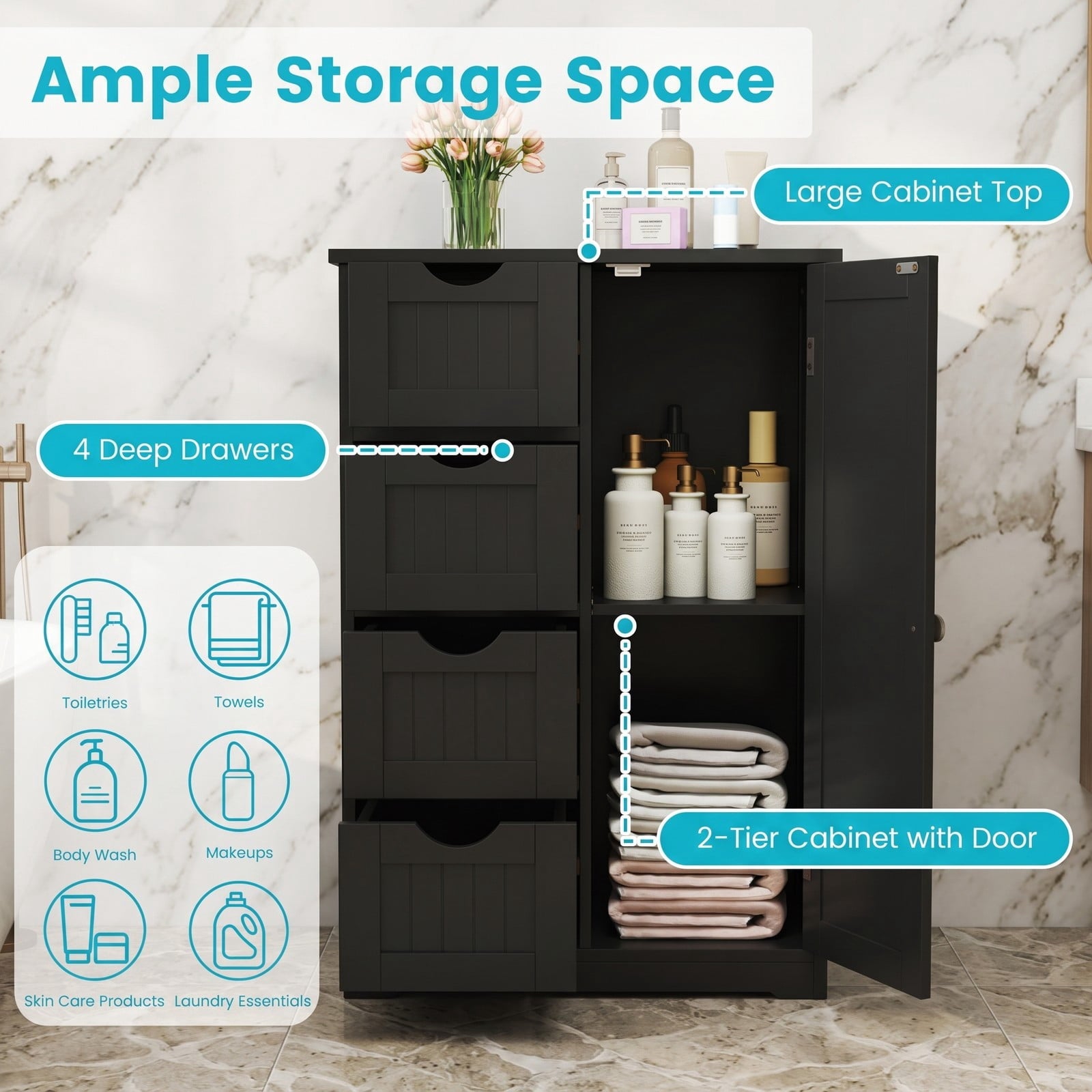 Fenbeli 4-Drawer Wooden Storage Cabinet with Side Door, Freestanding Bathroom Floor Organizer Chest for Living Room Bedroom Hallway, Modern Nightstand with, Black