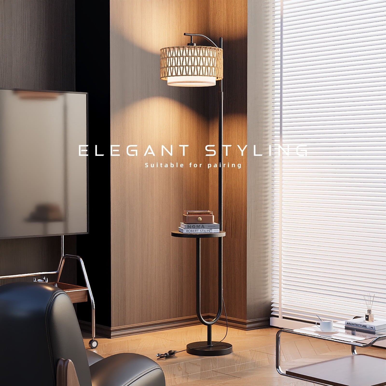 Fenbeli Floor Lamp with Table for Living Room, Dimmable LED Standing Lamp with Shelf, Tall Modern Reading Lamp