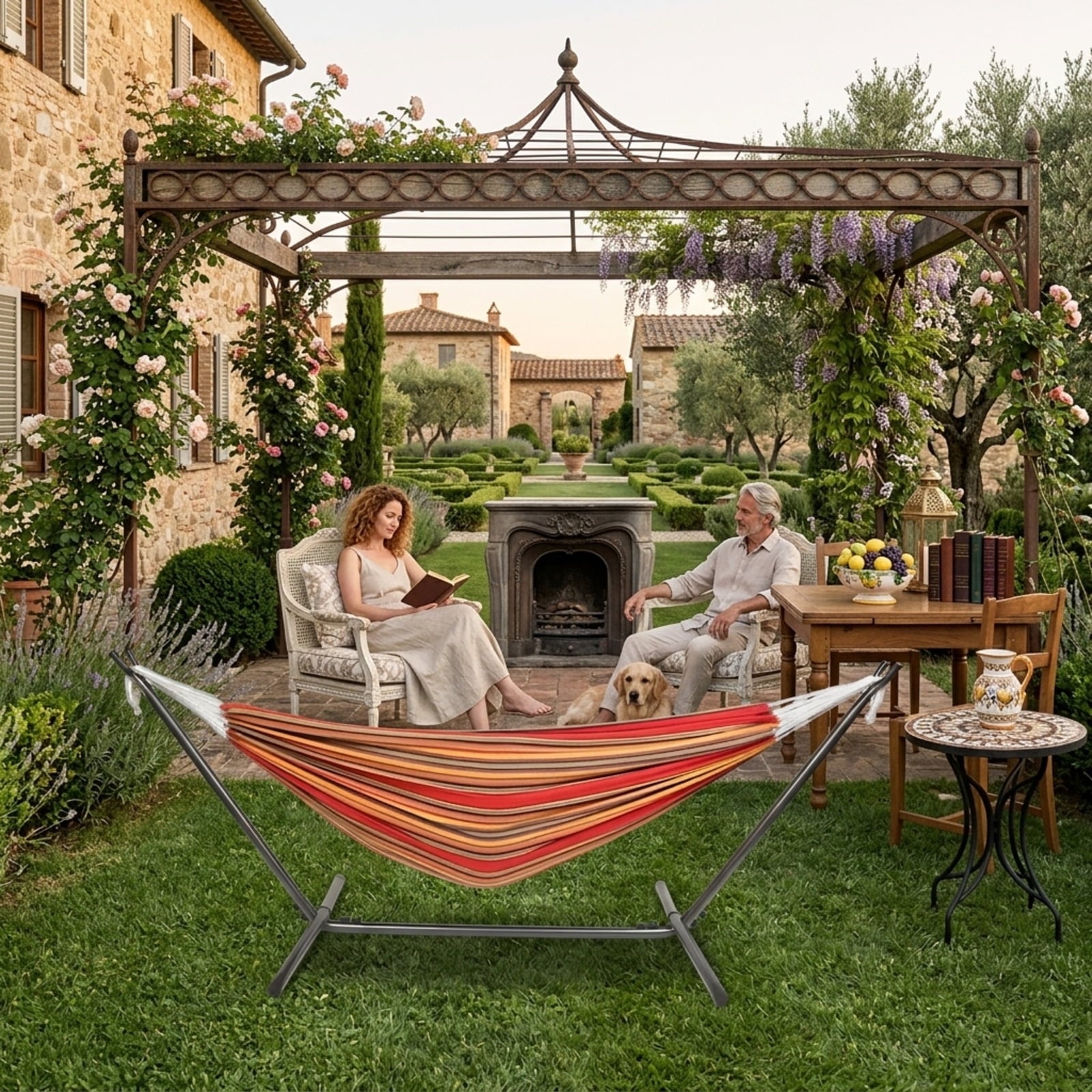Fenbeli Double Camping Hammock with Stand 2 Person Portable Hammock Bed with Steel Frame and Carry Bag for Backyard Patio Outdoor Poolside, Red