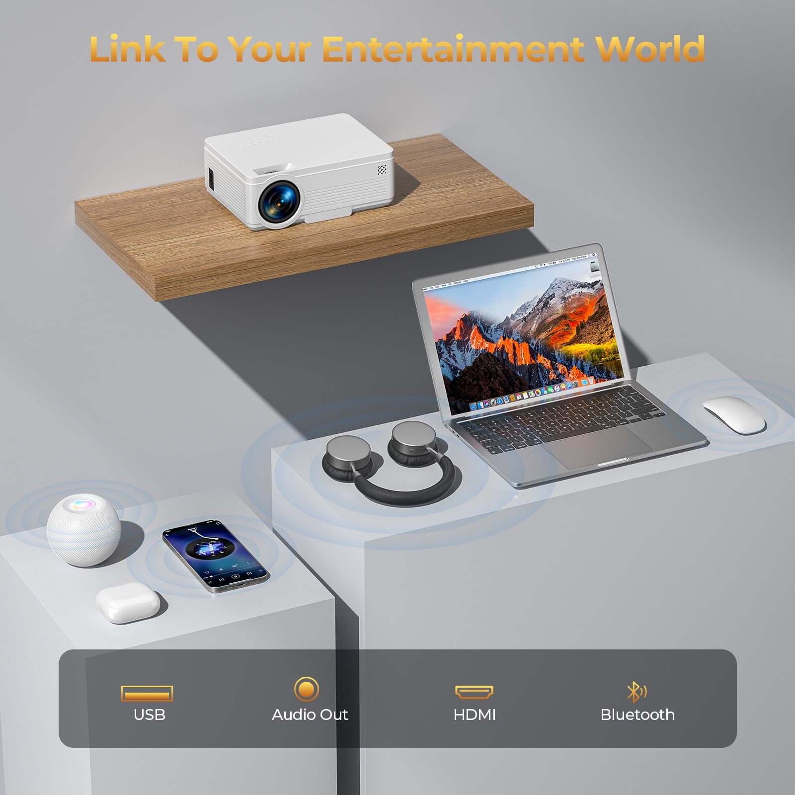 Fenbeli 1080P Bluetooth Projector Full HD Portable Movie Projector for Home Bedroom Compatible with Smartphone HDMI White
