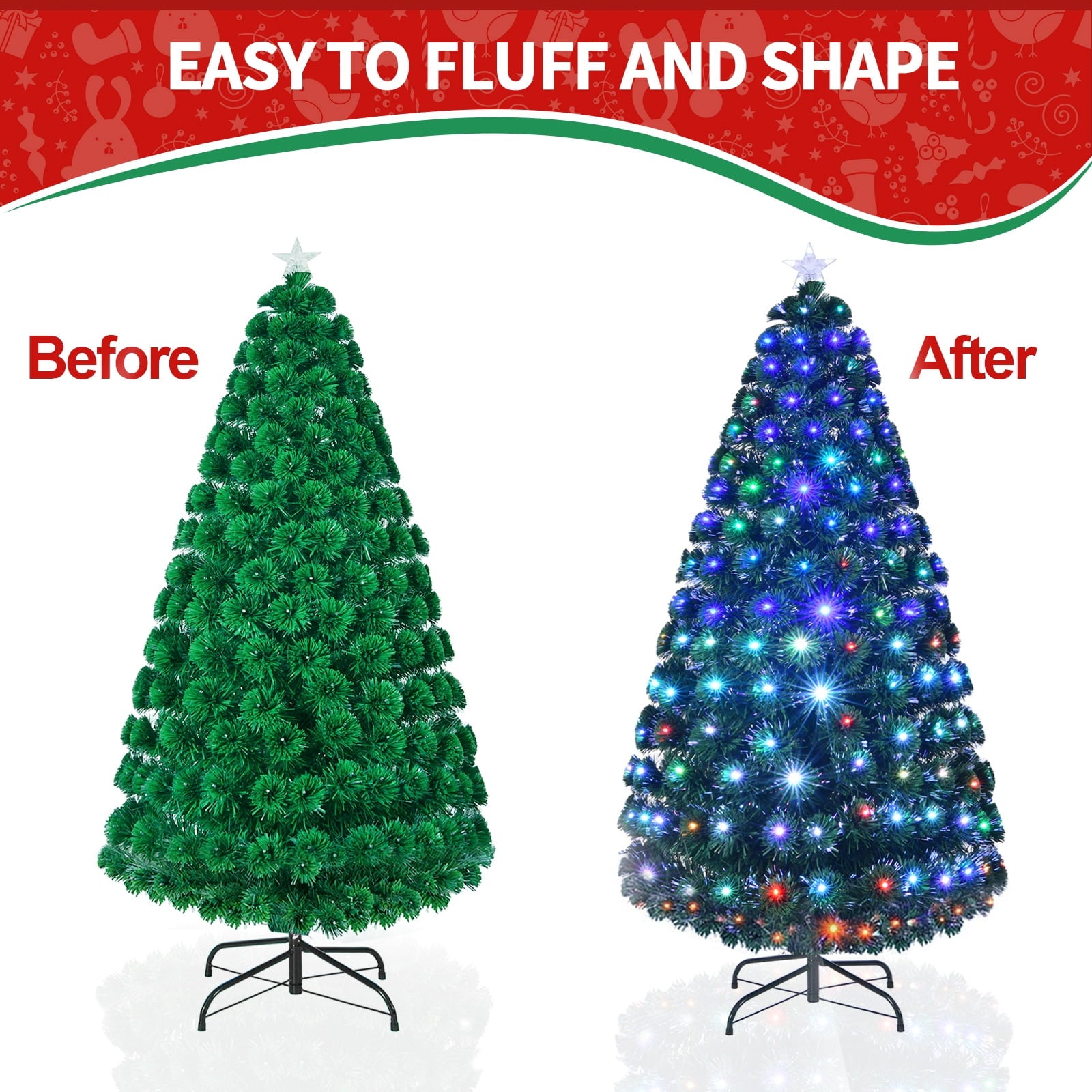 Fenbeli 7ft Pre-Lit Fiber Optic Artificial Christmas Tree, Xmas Tree w/285 Colorful LED Lights, 280 Branch Tips