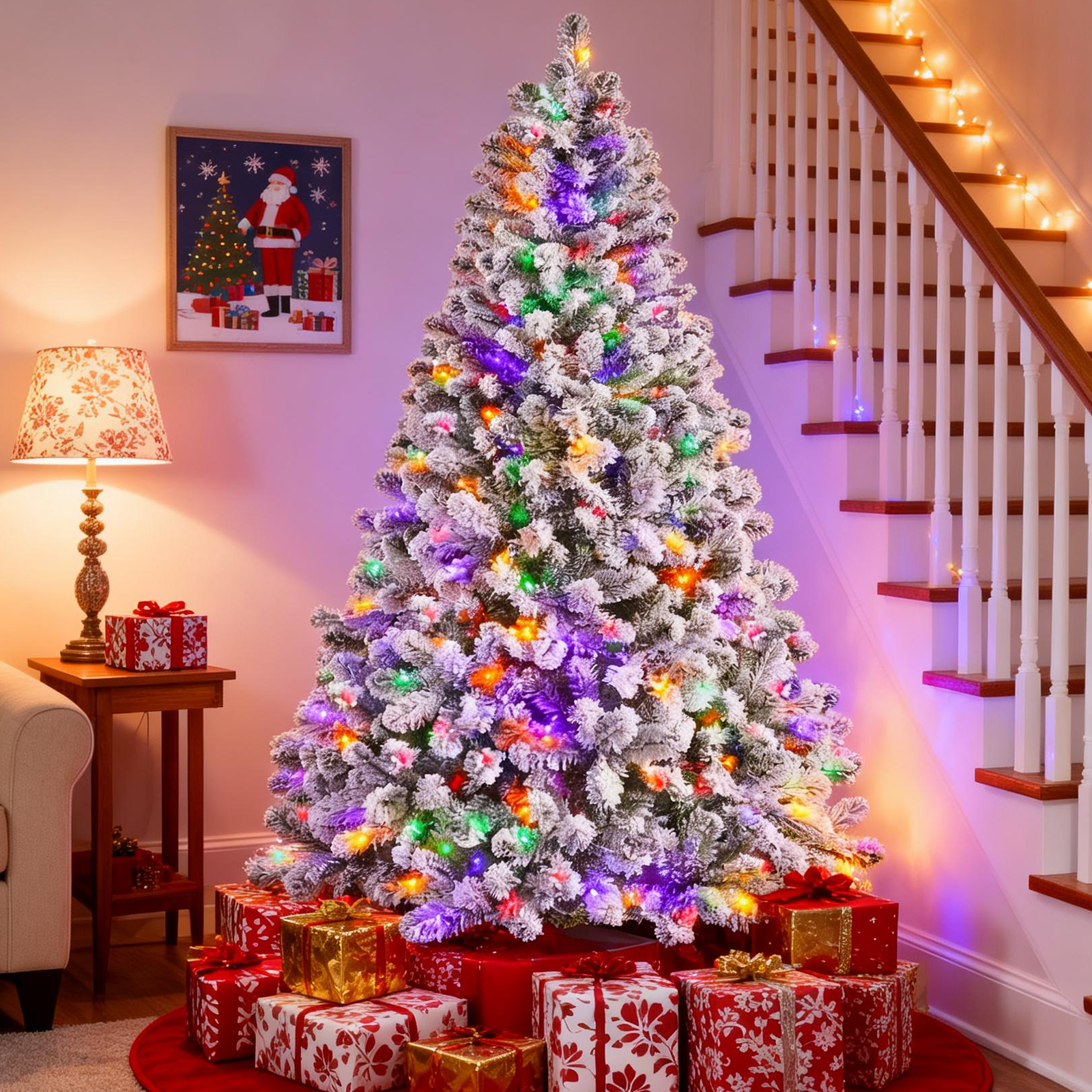 Fenbeli 7.5ft Pre-Lit Premium Snow Flocked Artificial Christmas Tree with 1405 Tips 350 LED Multicolor Lights
