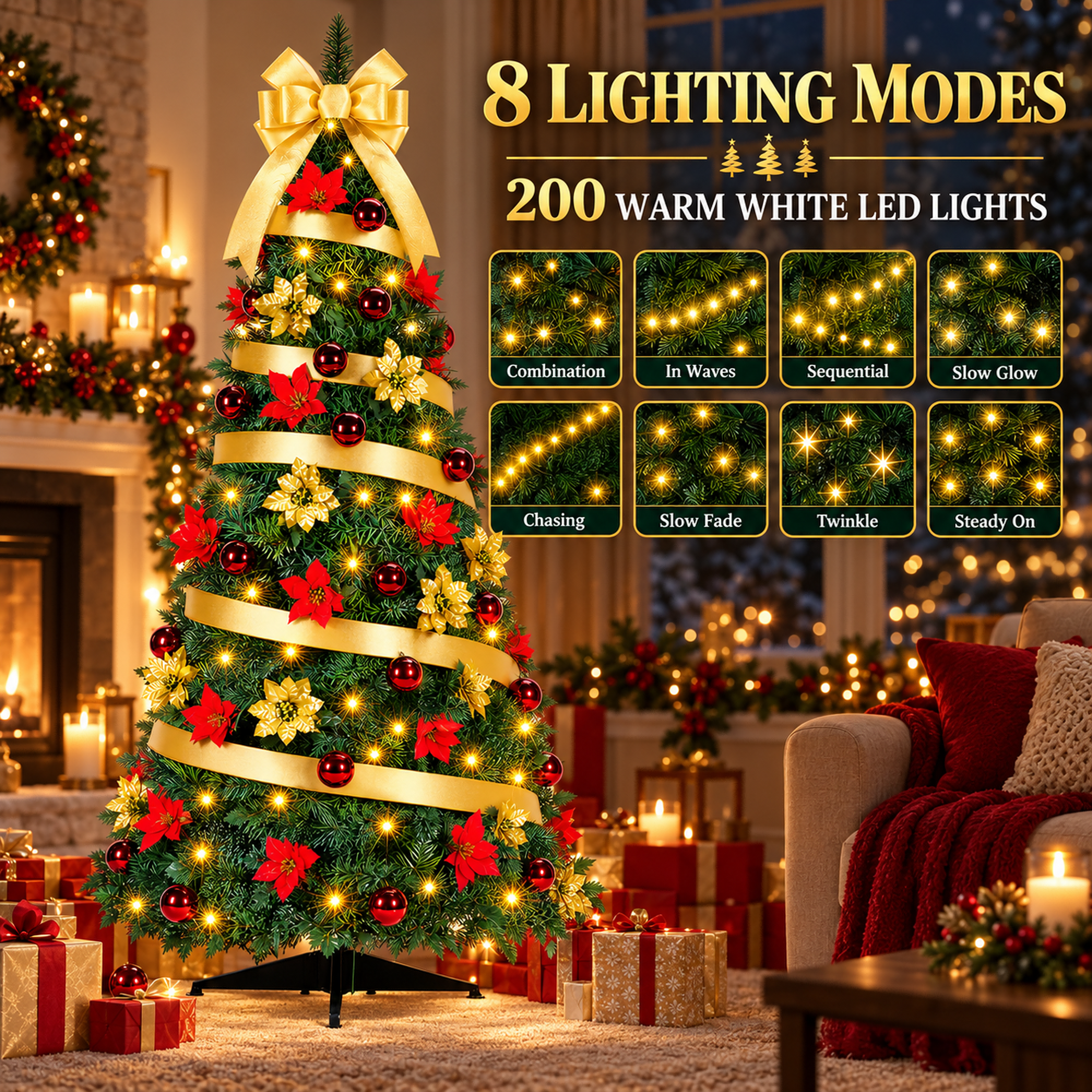 Fenbeli 6ft Pop-Up Pre-Lit Pencil Christmas Tree, 200 LED Lights, 8 Modes, 50 Balls, 50 Flowers, Gold Bow for Holiday Party Decor
