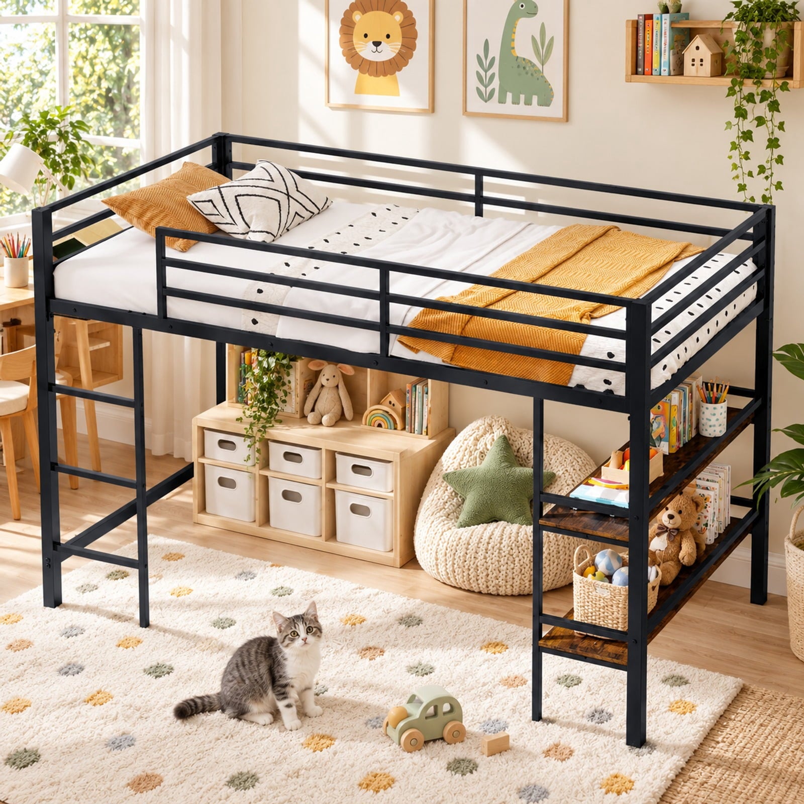 Fenbeli Twin Size Low Loft Bed with Ladder and Storage Shelves Metal Frame for Boys Girls, 485 lbs Capacity, Metal Engineered Wood Frame, Black