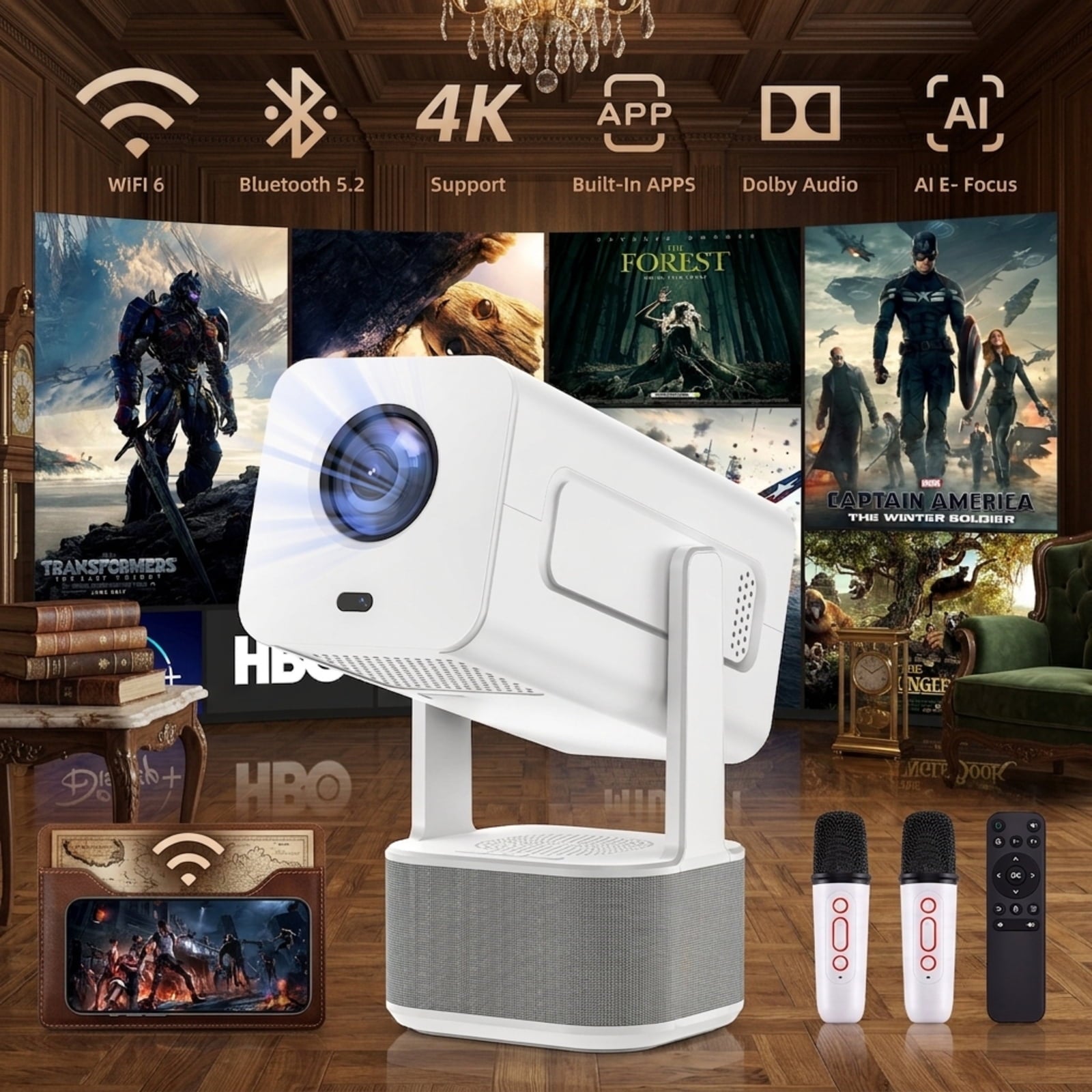 Fenbeli Native 1080P Smart Portable Projector with Android 11, WiFi 6, Bluetooth 5.2 and Auto Focus, Up to 200, White