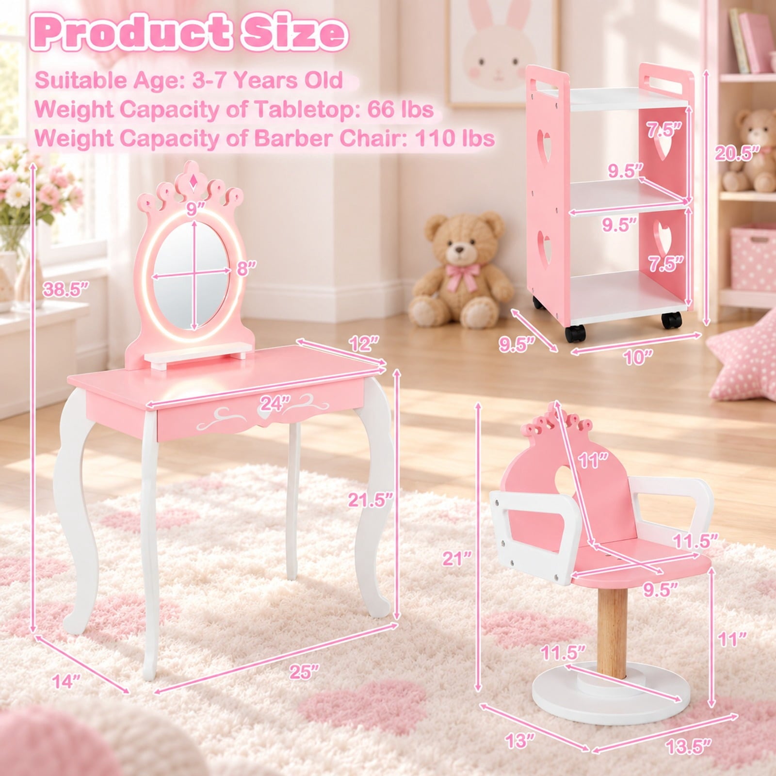 Fenbeli Kids Hair Salon Play Set with LED Lighted Mirror Wooden Pretend Hair Salon Station with Swivel Barber Chair, 66 lbs Capacity, Pink