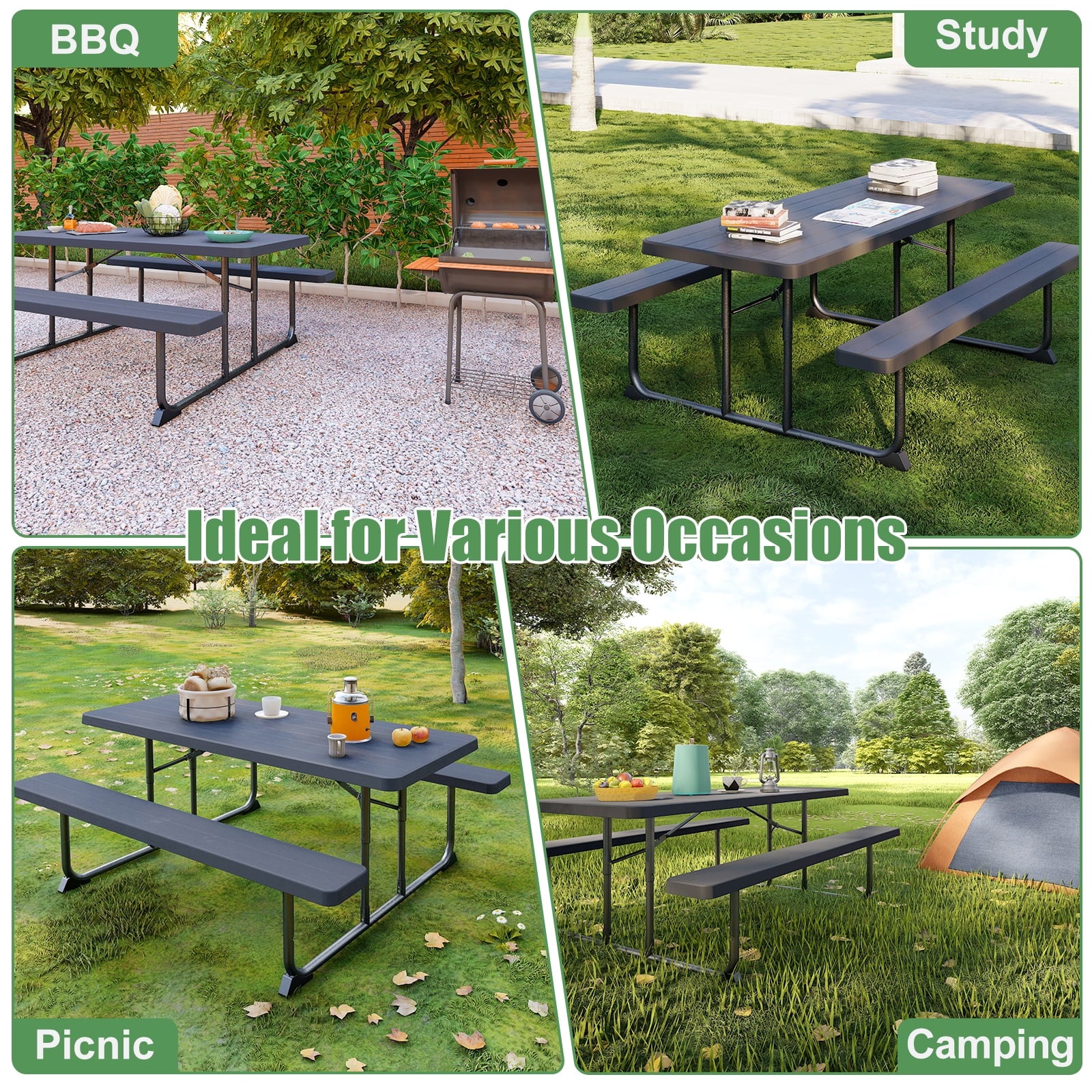 Fenbeli 6-Foot Outdoor Folding Picnic Table, Black