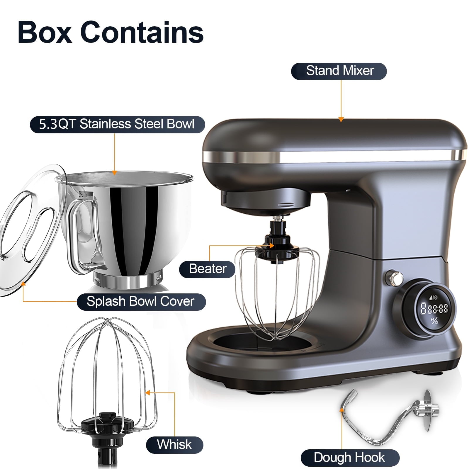Fenbeli 5.3Qt Stand Mixer,650 W 8 Speeds Kitchen Electric Food Mixer for Daily Use with Egg Whisk,Dough Hook,Flat Beater,Black