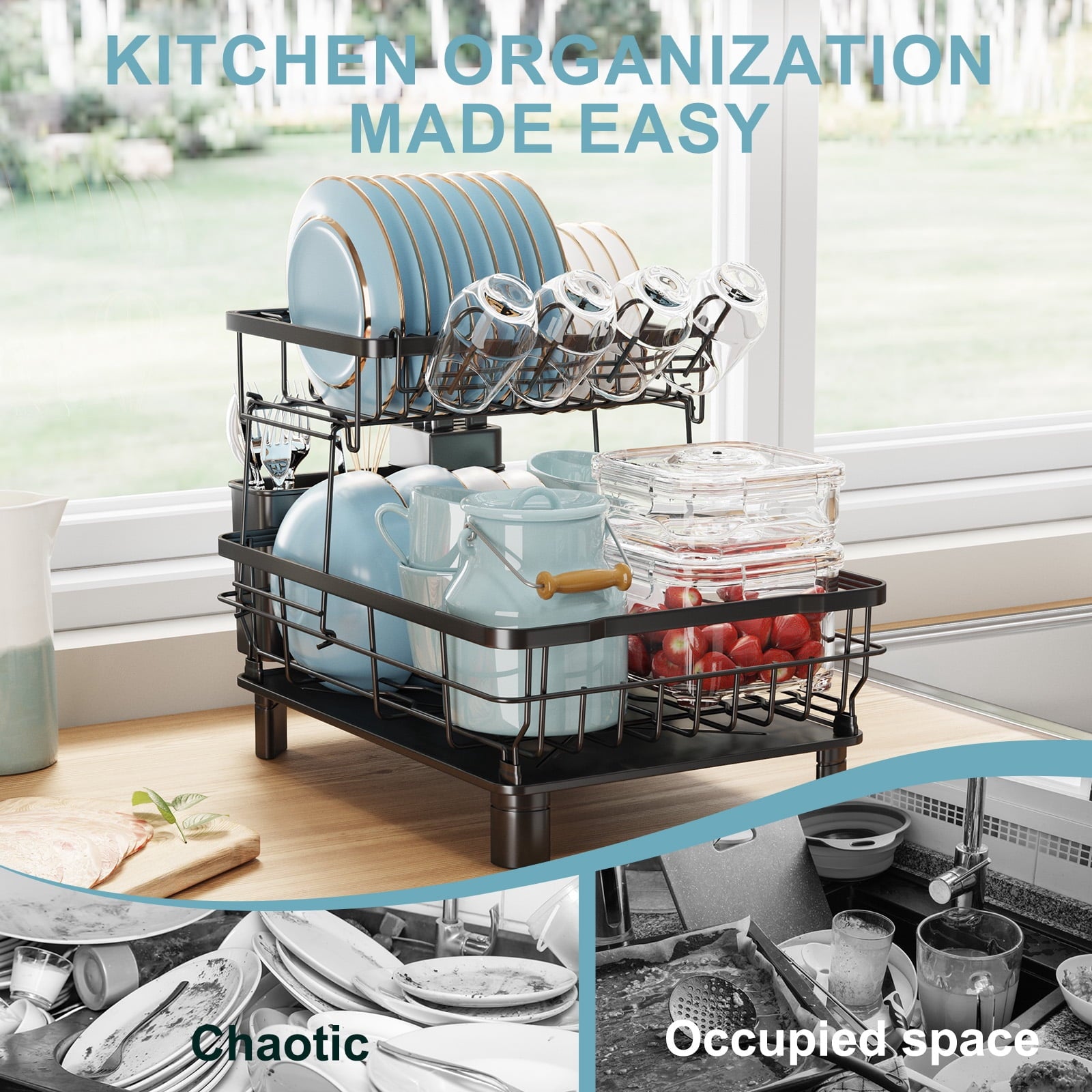 Fenbeli 2 Tier Dish Drying Rack,Premium Alloy Steel Dish Drainer for Kitchen Counter,Drainboard and Cup Holder,Anti-Rust & Space Saving,Utensil Holder,Black