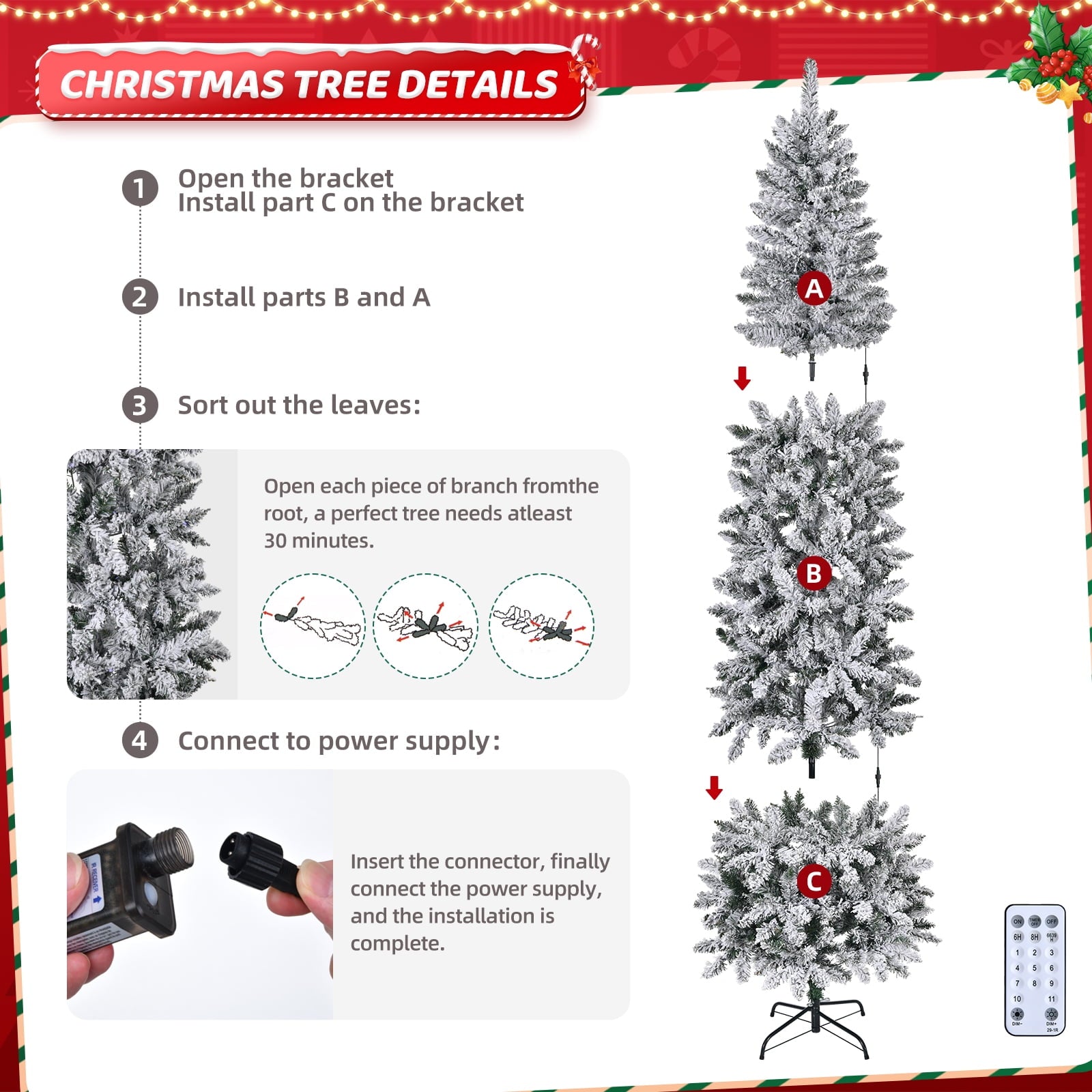 Fenbeli 6ft Pre-Lit Snow Flocked Hinged Artificial Christmas Tree