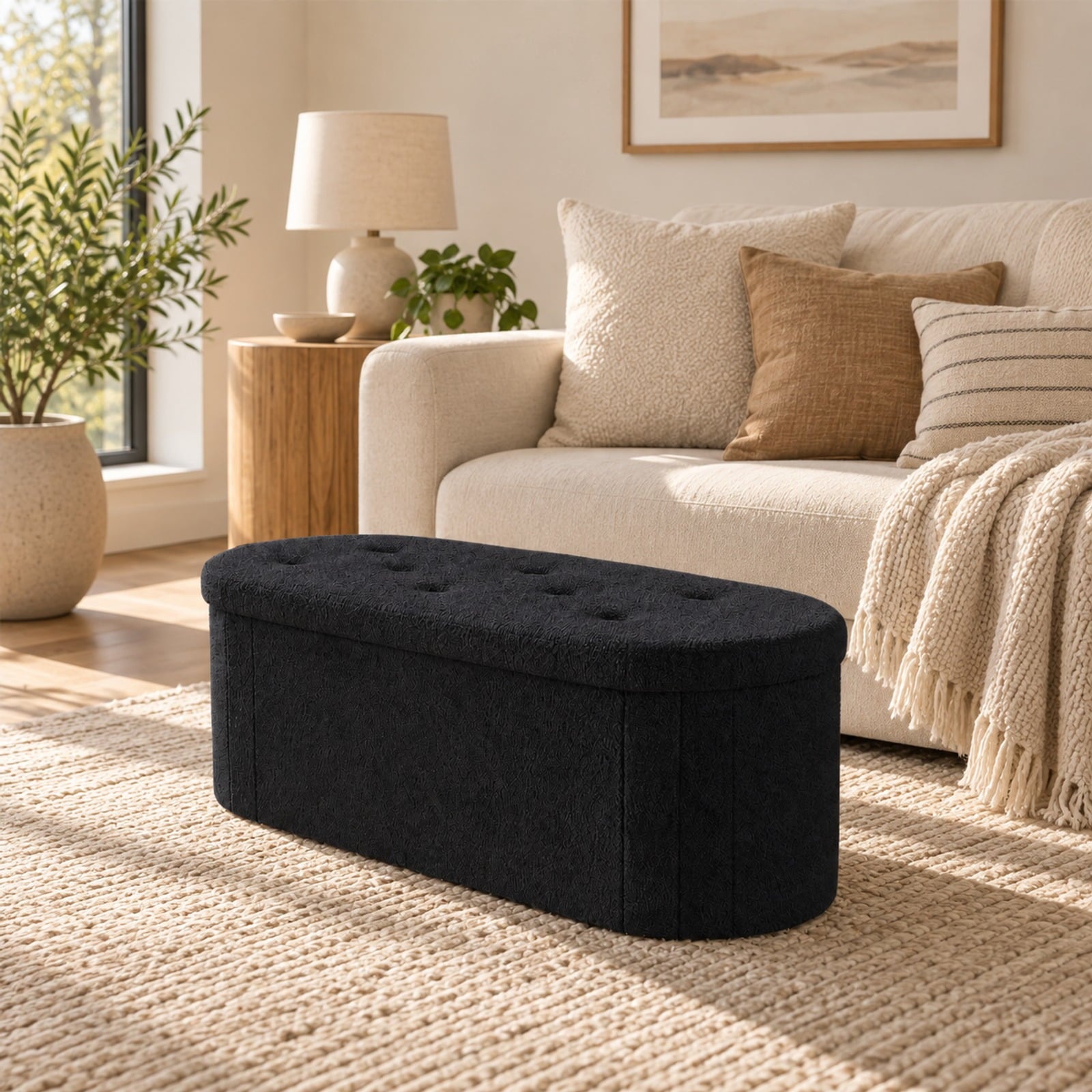 Fenbeli 43 Folding Teddy Storage Ottoman Bench with Dividers for Living Room and Bedroom, 43 x 15 x 16Inner Footprint, Black