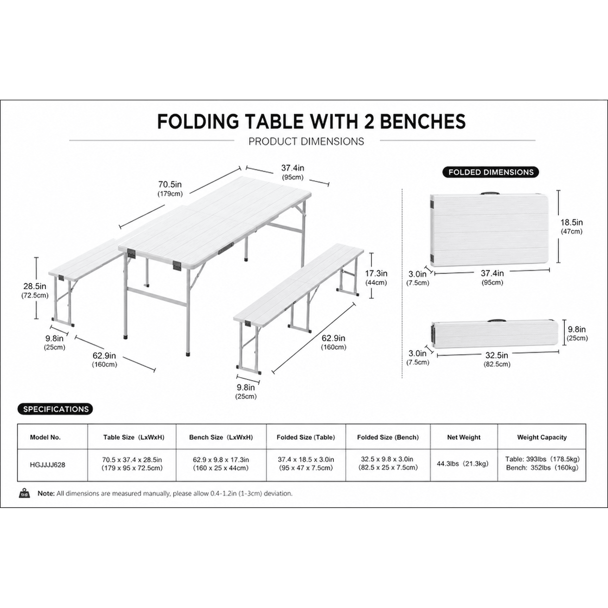 Fenbeli wood Grain Folding Table with 2 Benches - White